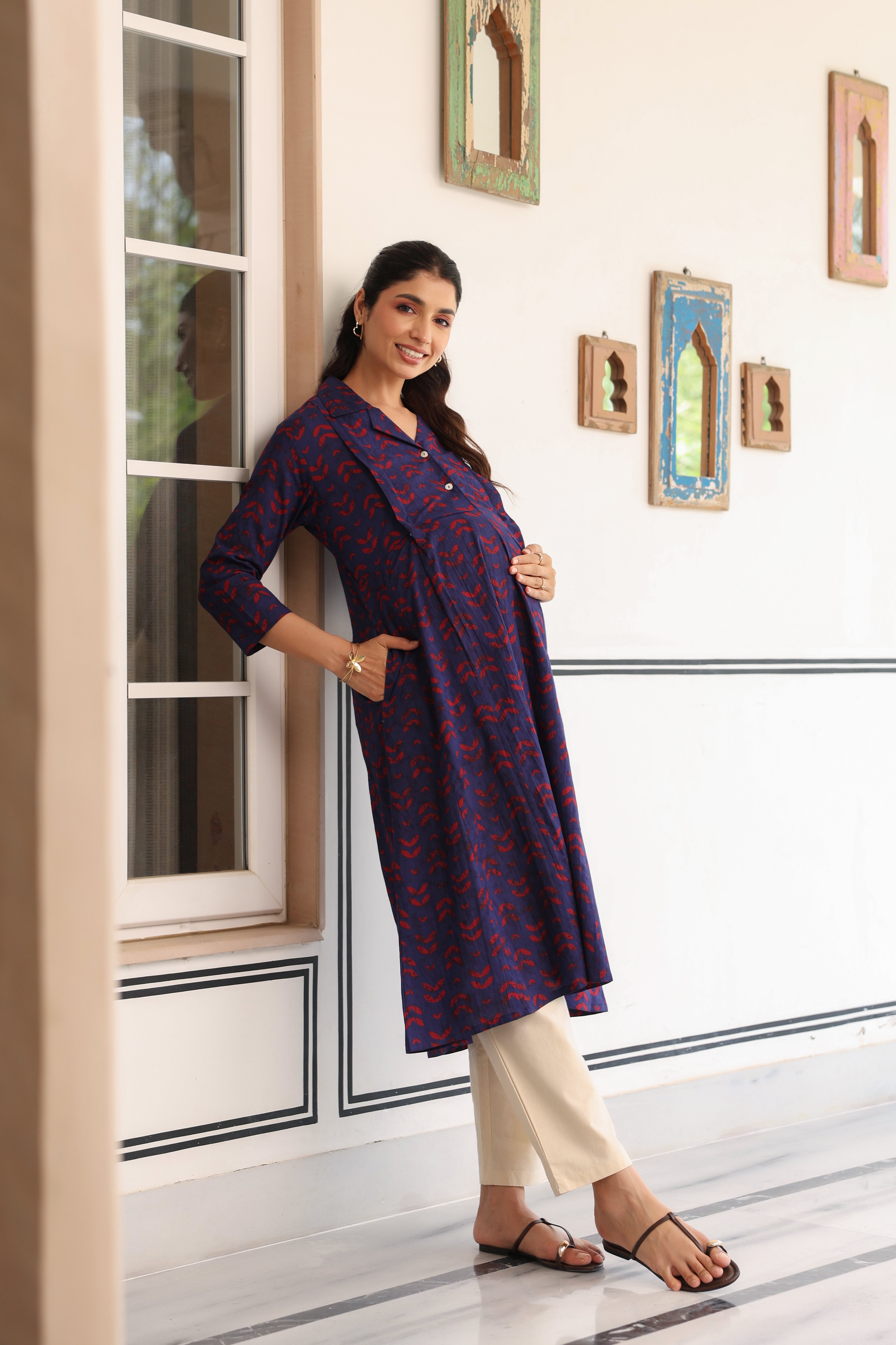 Indigo Petal Wave Cotton Maternity - Nursing Kurta