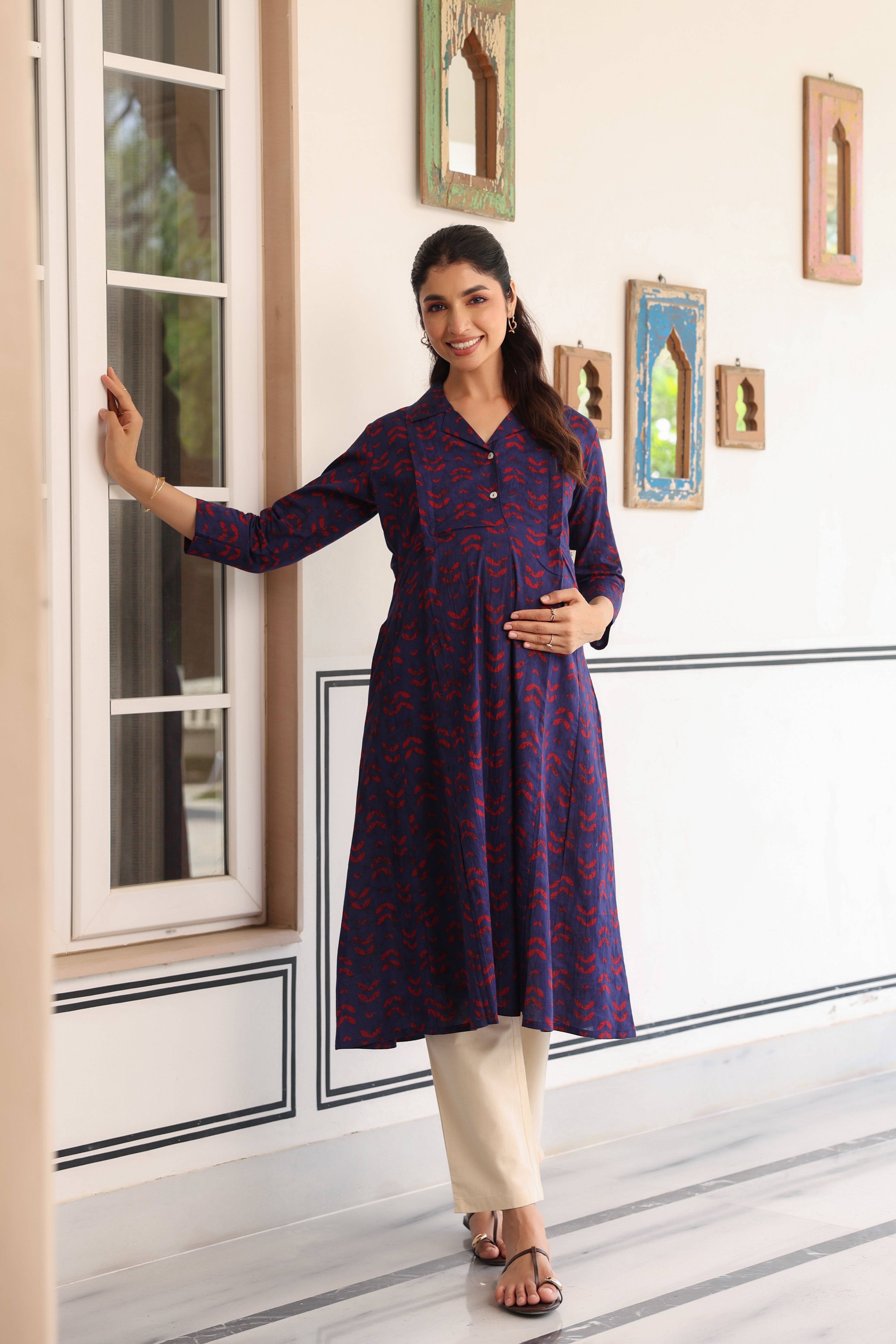 Indigo Petal Wave Cotton Maternity - Nursing Kurta