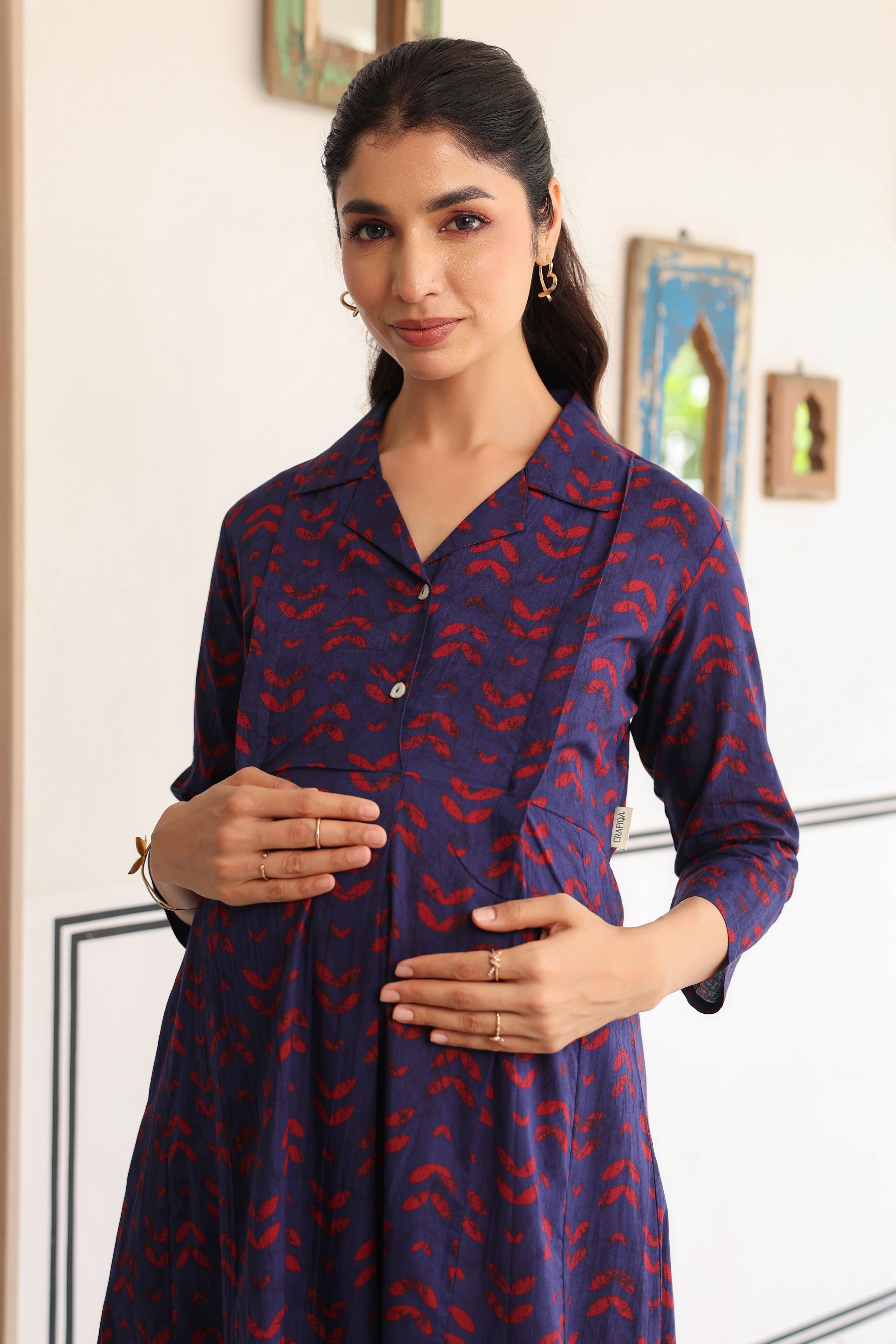 Indigo Petal Wave Cotton Maternity - Nursing Dress
