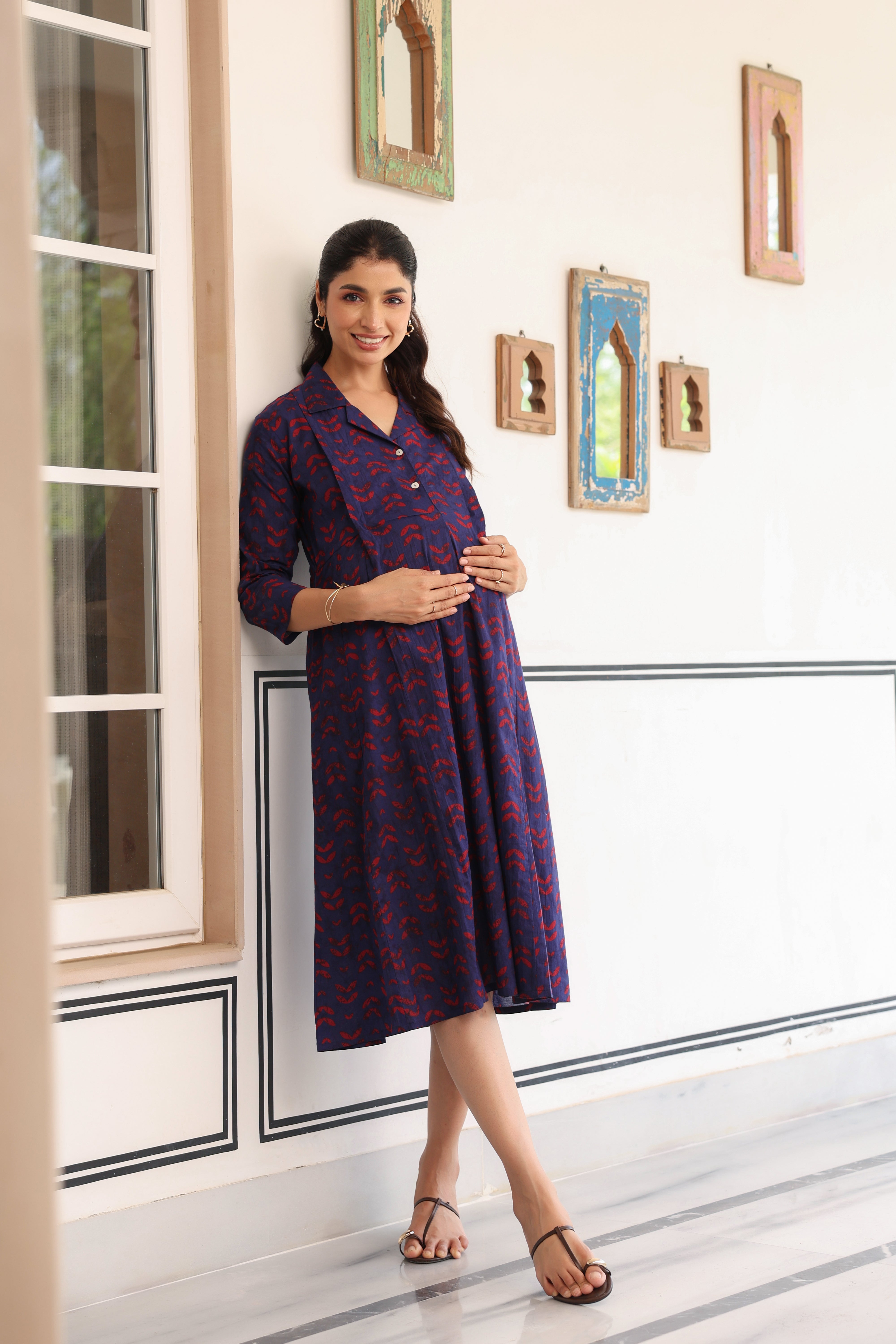 Indigo Petal Wave Cotton Maternity - Nursing Dress