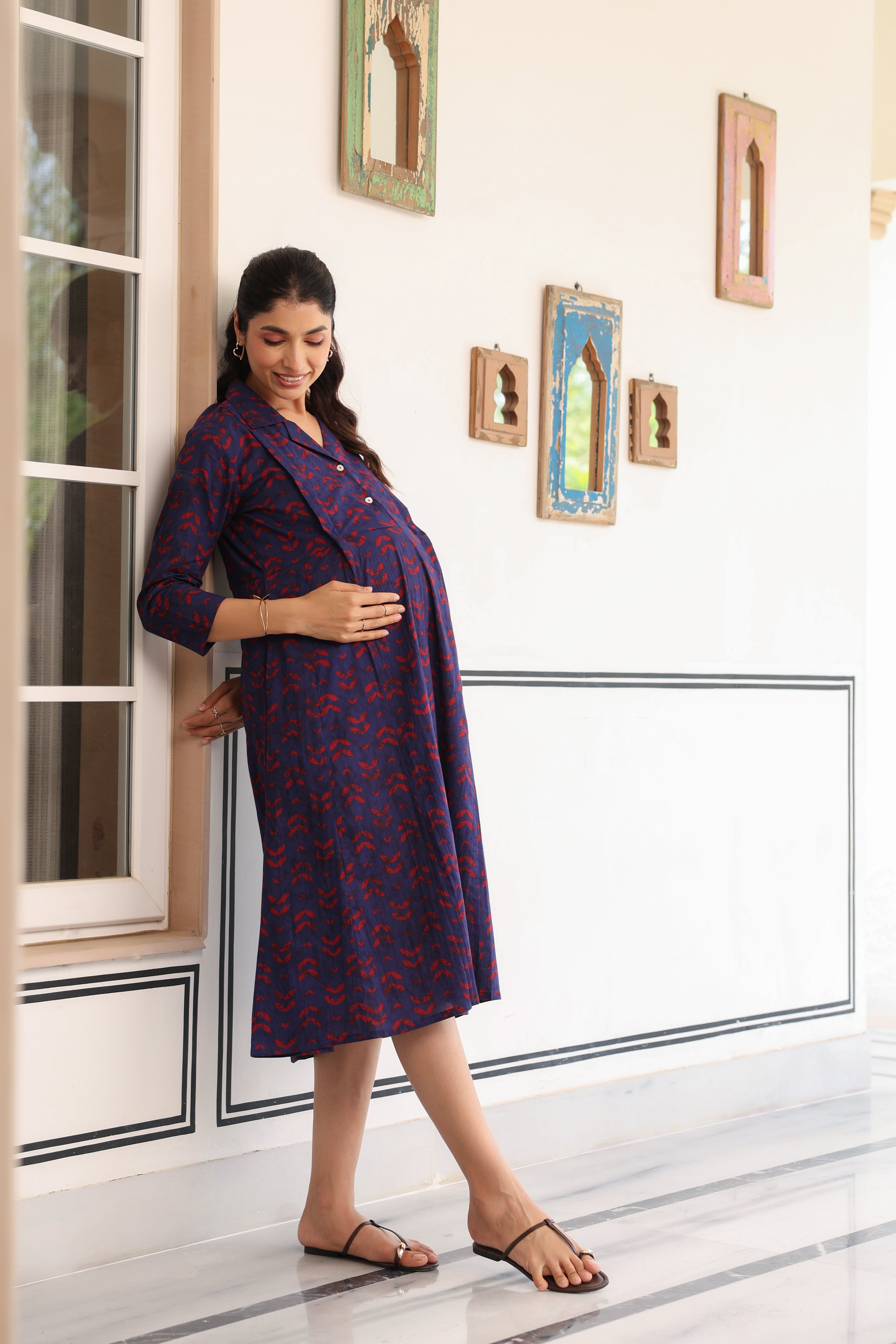 Indigo Petal Wave Cotton Maternity - Nursing Dress