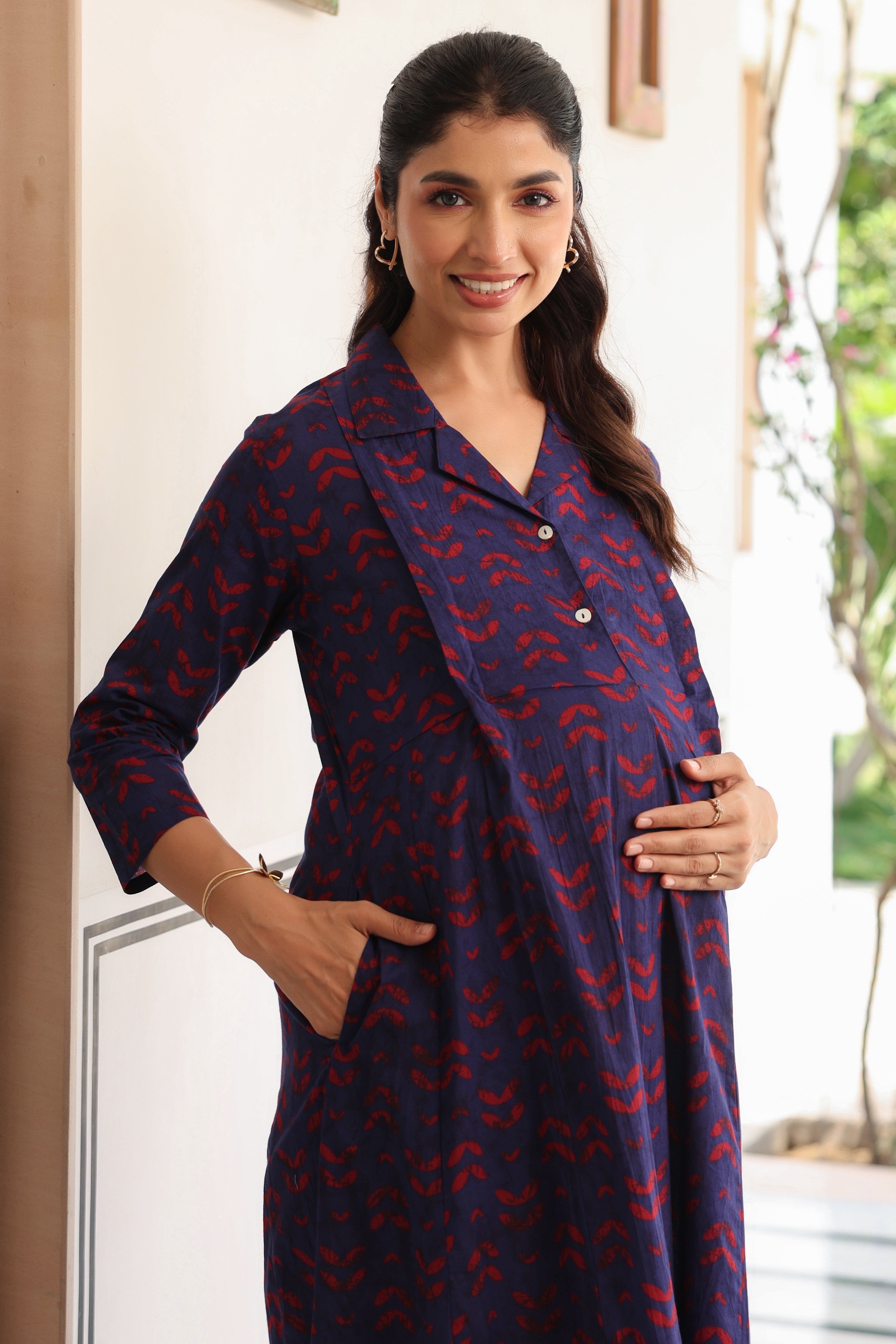 Indigo Petal Wave Cotton Maternity - Nursing Dress