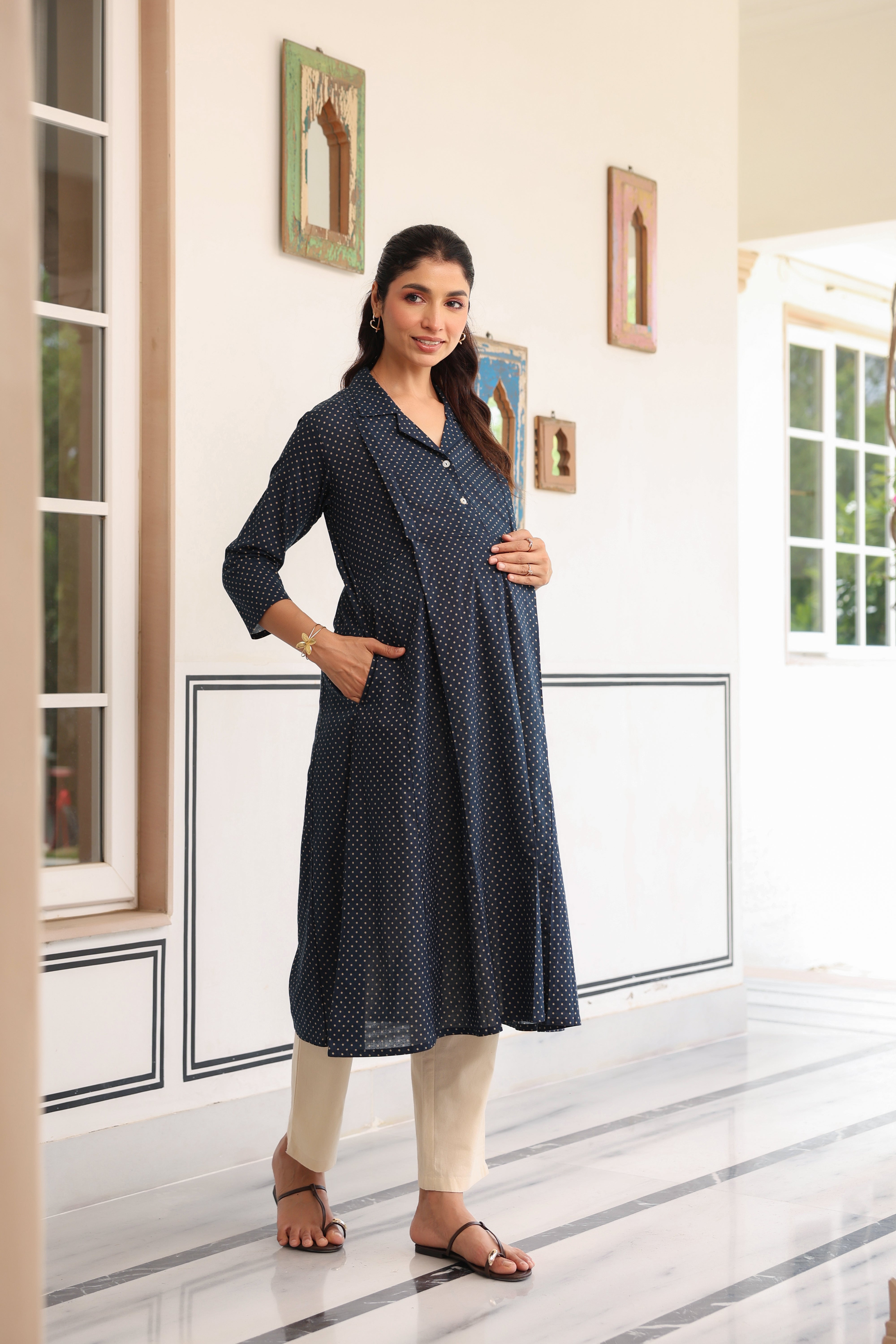 Stardust Indigo Cotton Maternity - Nursing Kurta