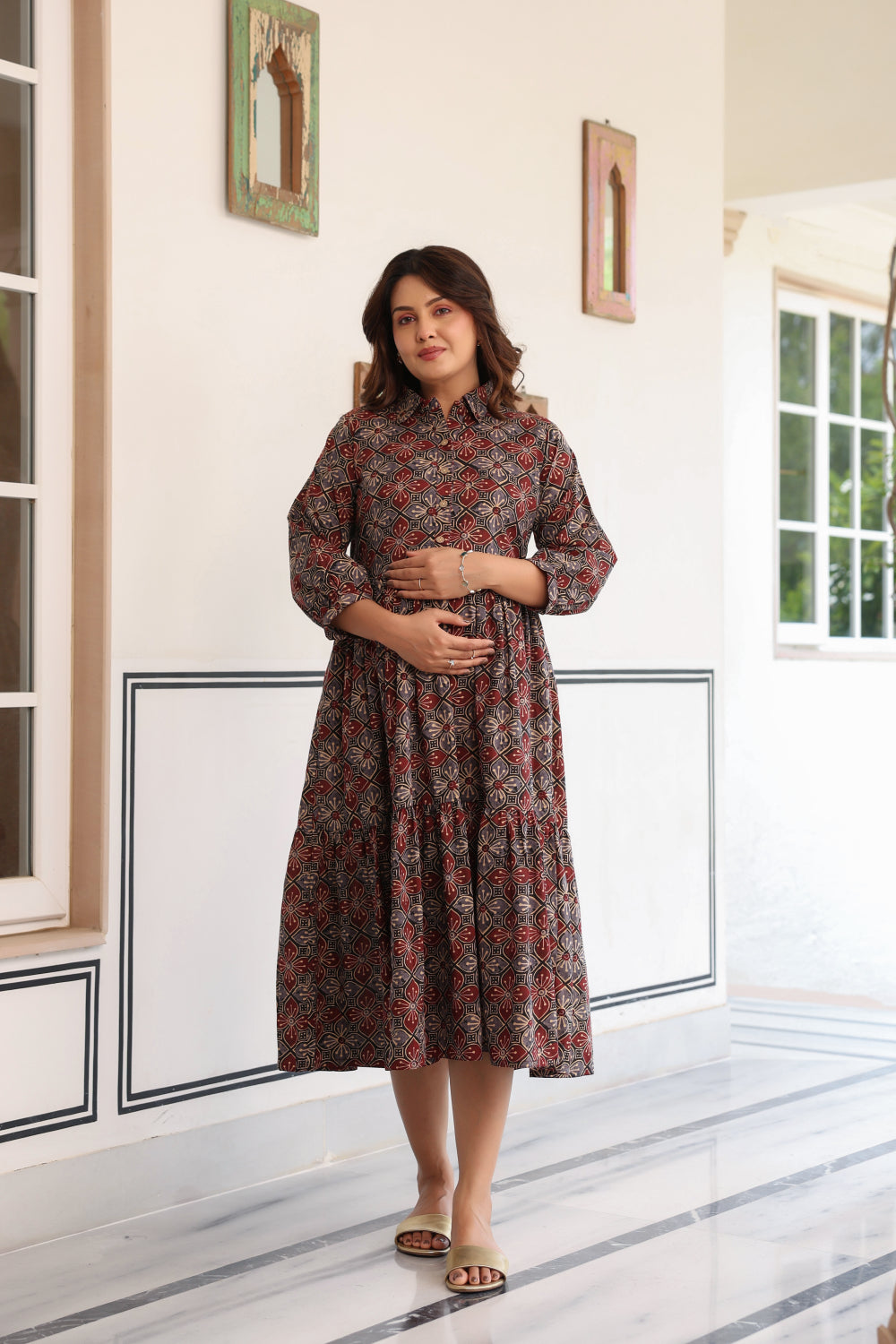 Ajrakh Weave Cotton Maternity - Nursing Dress