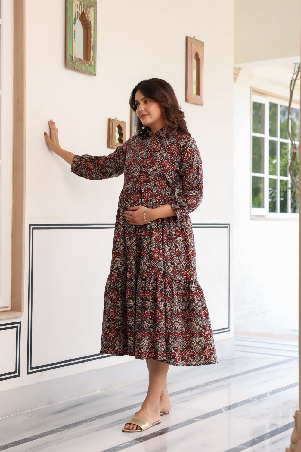 Ajrakh Weave Cotton Maternity - Nursing Dress