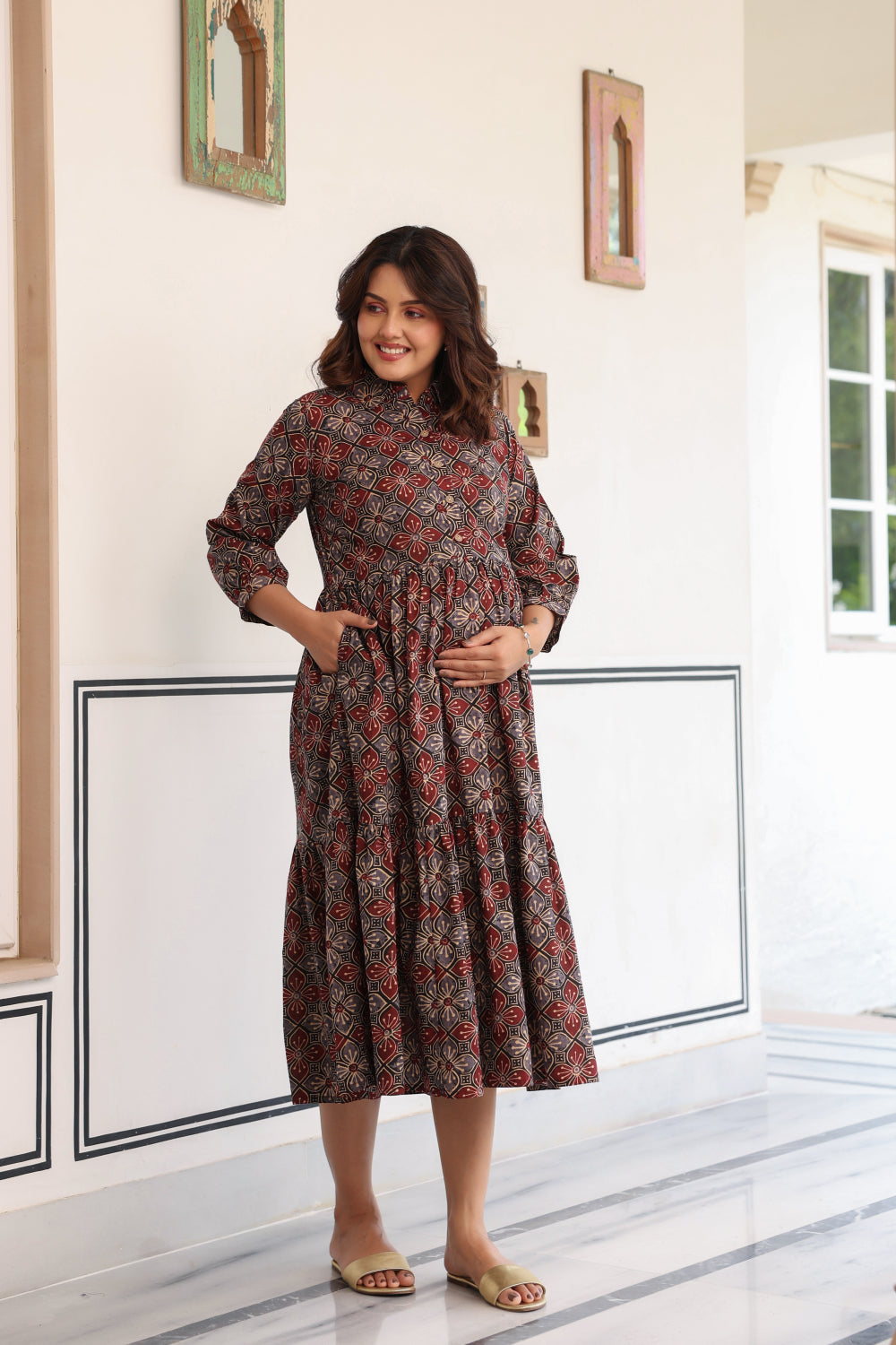 Ajrakh Weave Cotton Maternity - Nursing Dress