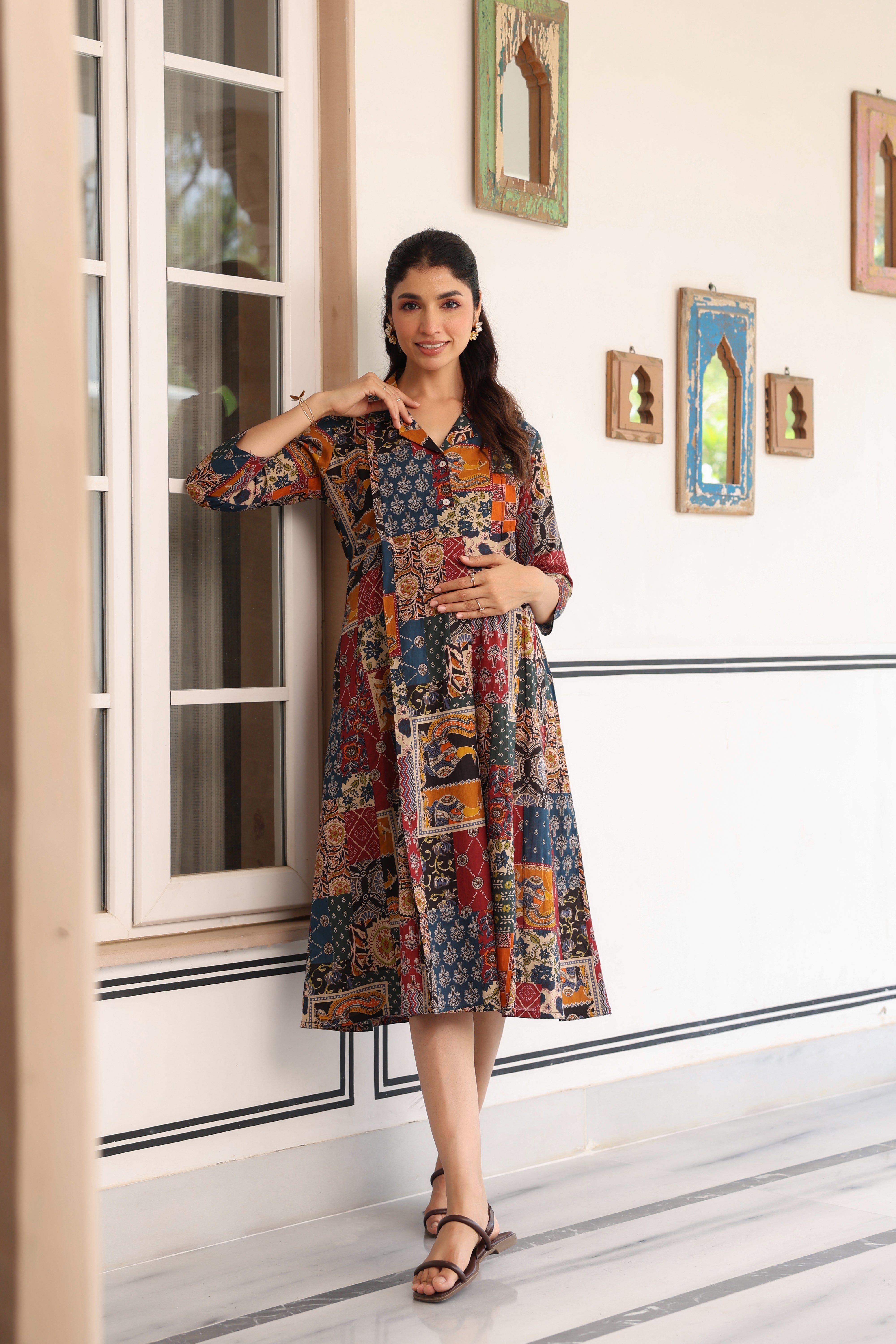 Vintage Patchwork Cotton Maternity - Nursing Dress