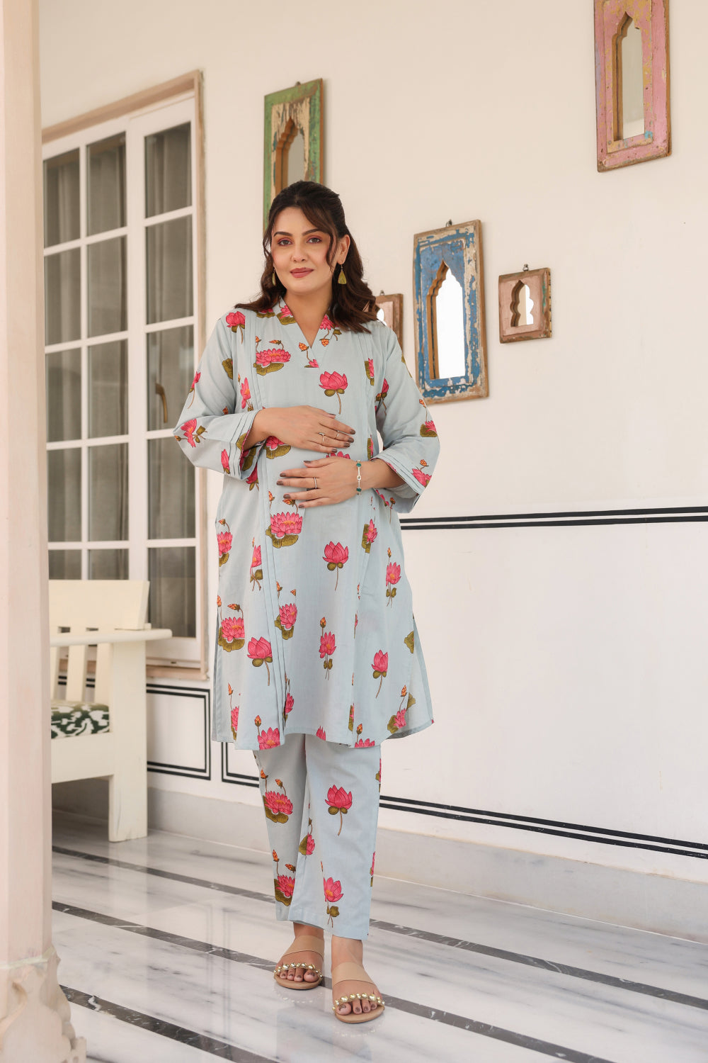 Vintage Lotus Pond Cotton Maternity - Nursing Co-ord Set