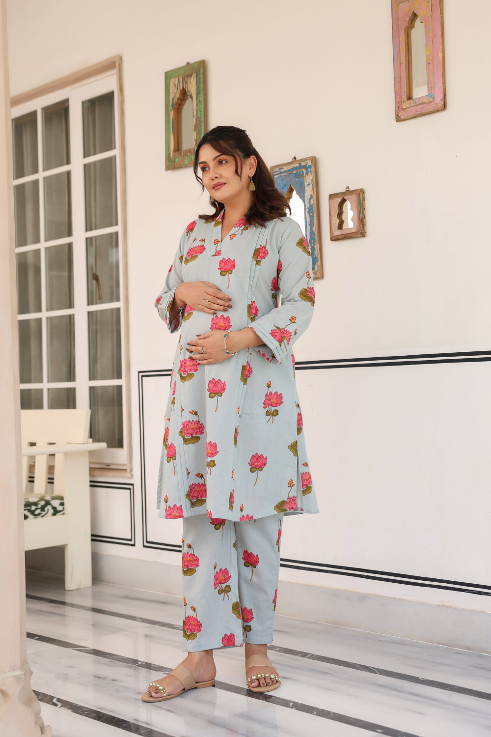 Vintage Lotus Pond Cotton Maternity - Nursing Co-ord Set