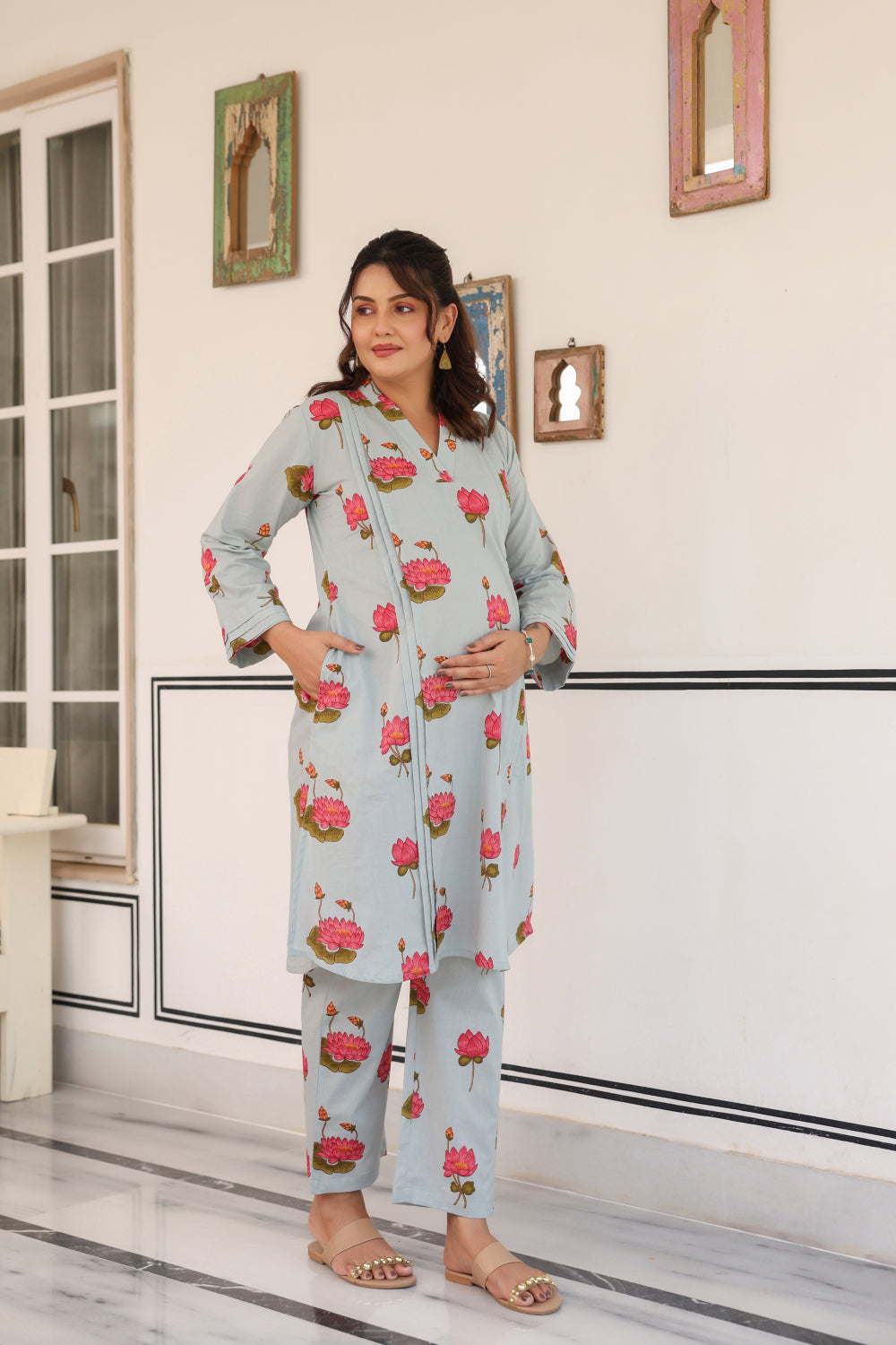 Vintage Lotus Pond Cotton Maternity - Nursing Co-ord Set