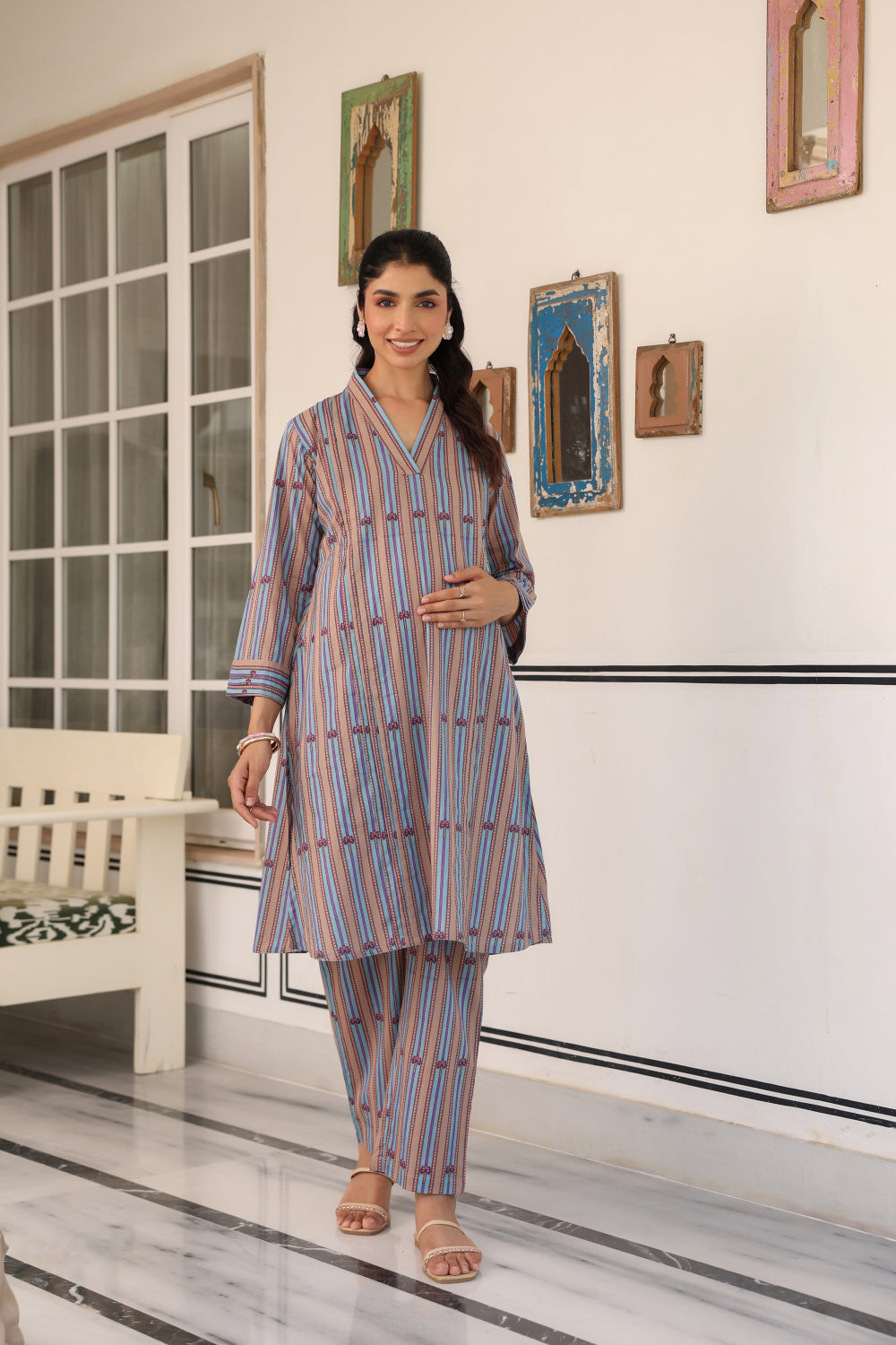 Azure Ajrakh Lines Cotton Maternity - Nursing Co-ord Set