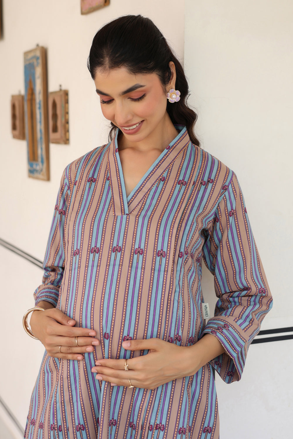 Azure Ajrakh Lines Cotton Maternity - Nursing Co-ord Set