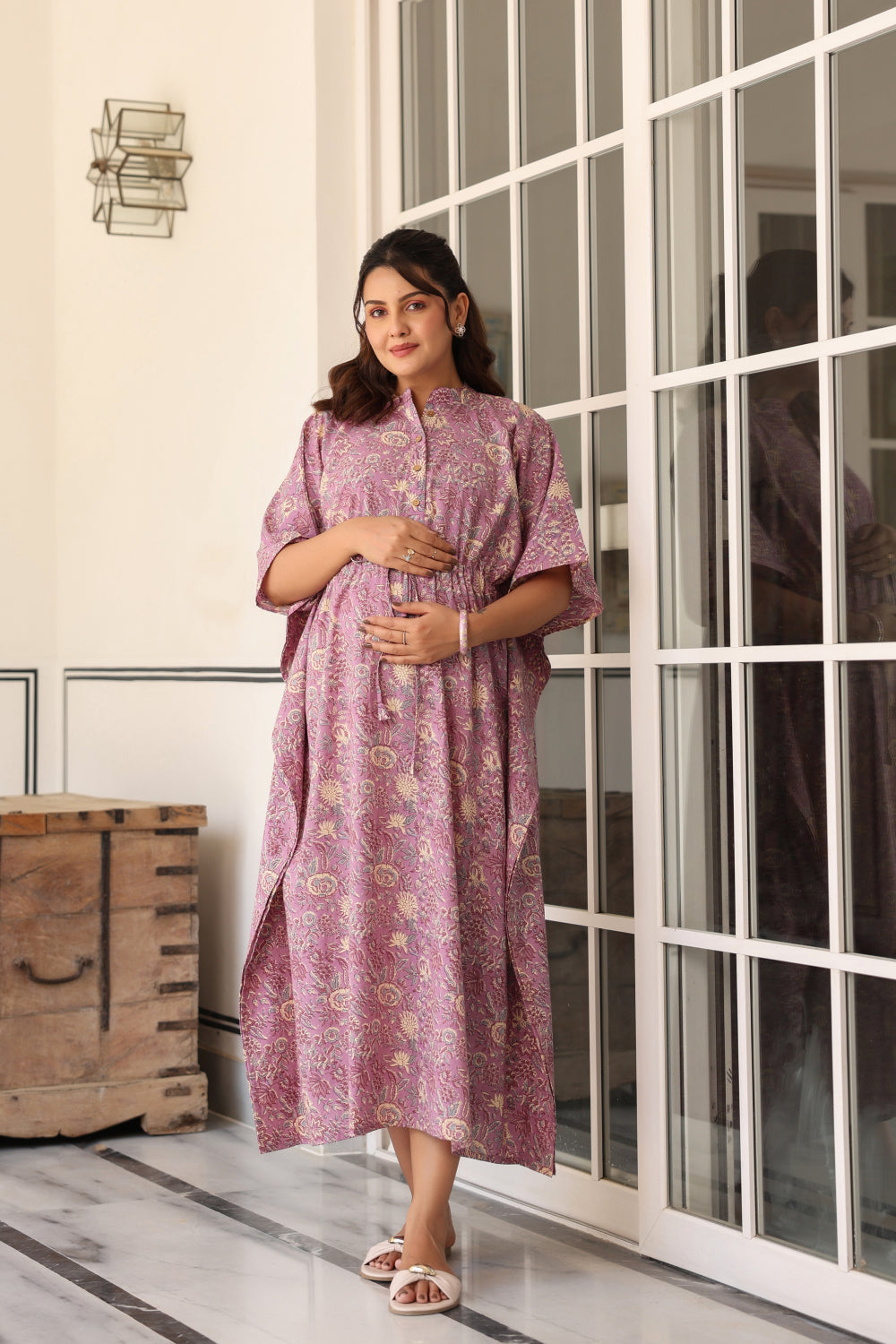 Mauve Meadow Cotton Maternity - Nursing Kaftan ( One-Size )