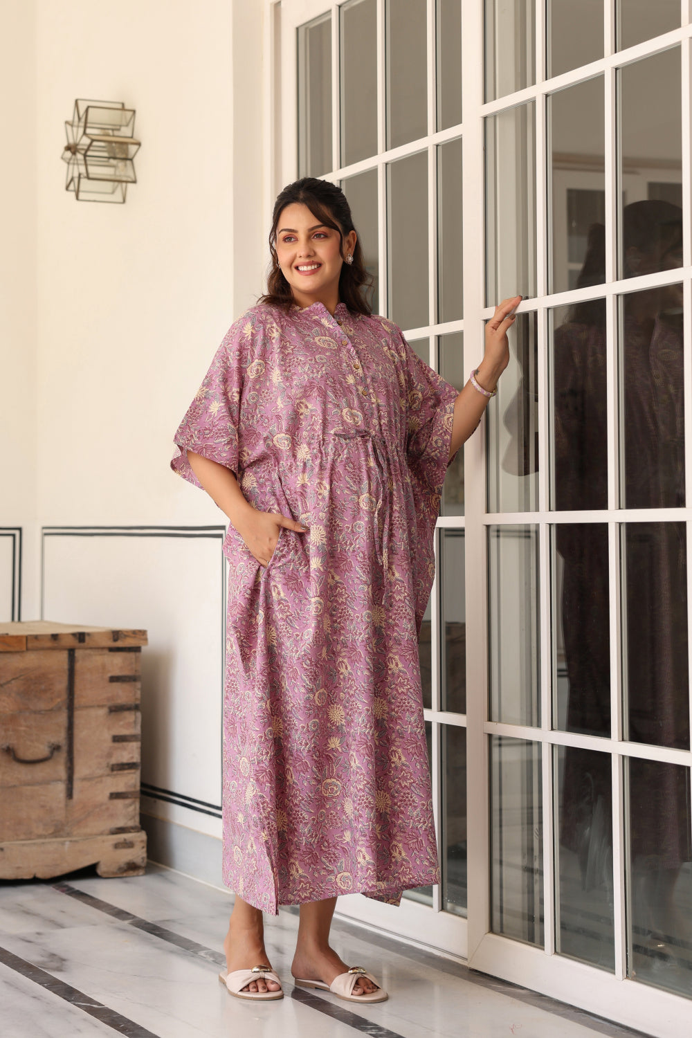 Mauve Meadow Cotton Maternity - Nursing Kaftan ( One-Size )