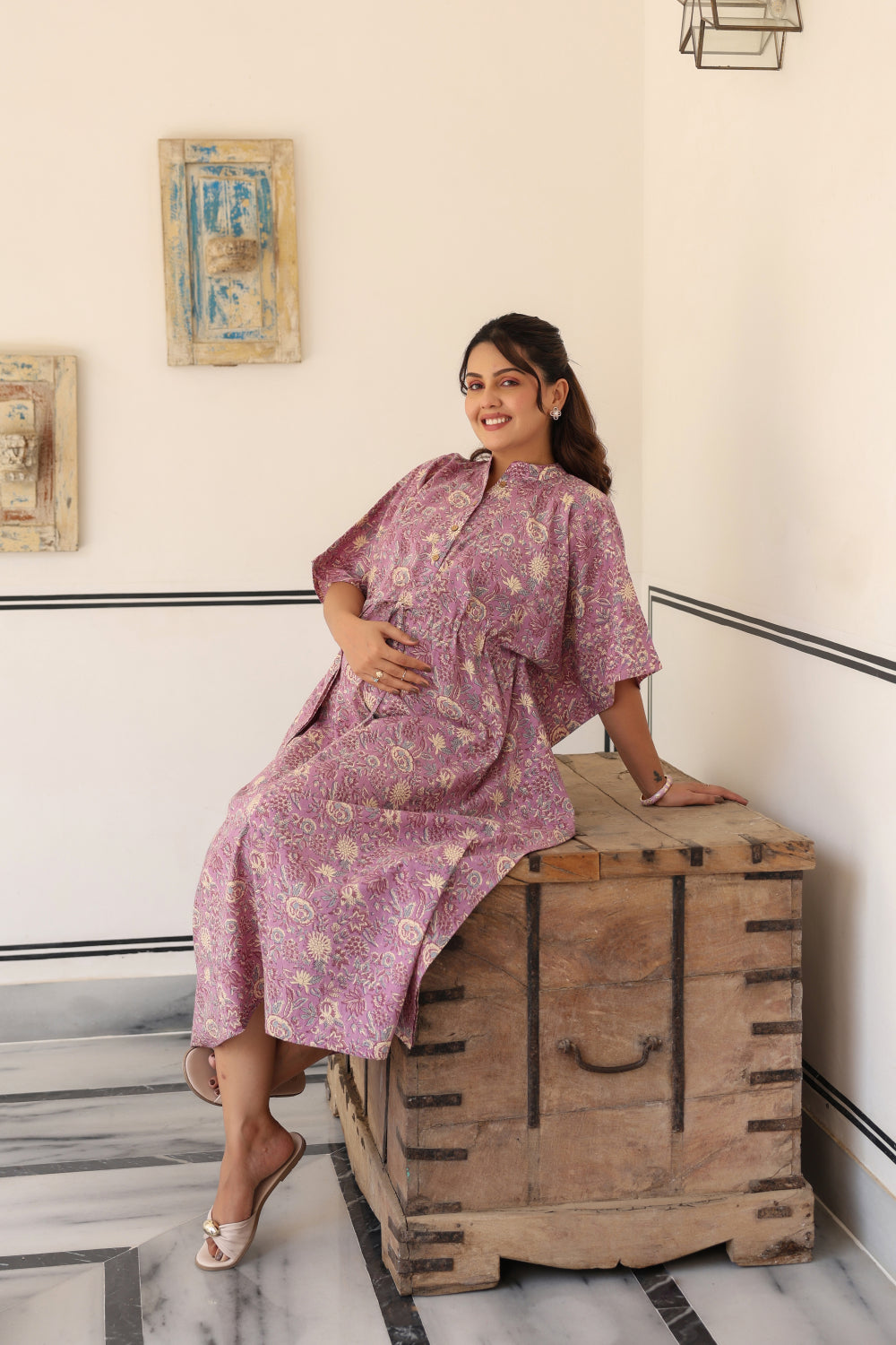 Mauve Meadow Cotton Maternity - Nursing Kaftan ( One-Size )