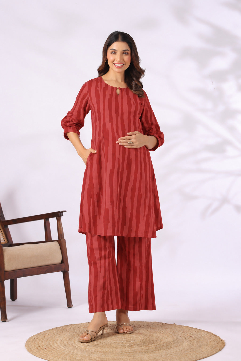 Rust Abstract Stripe Cotton Maternity - Nursing Co-ord Set