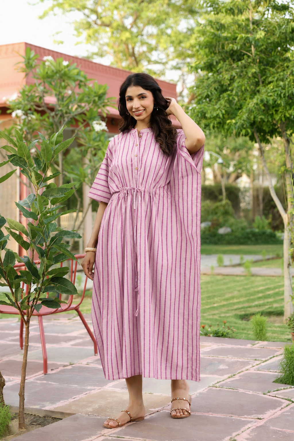 Lilac Dream Striped Cotton Kaftan ( One-Size )