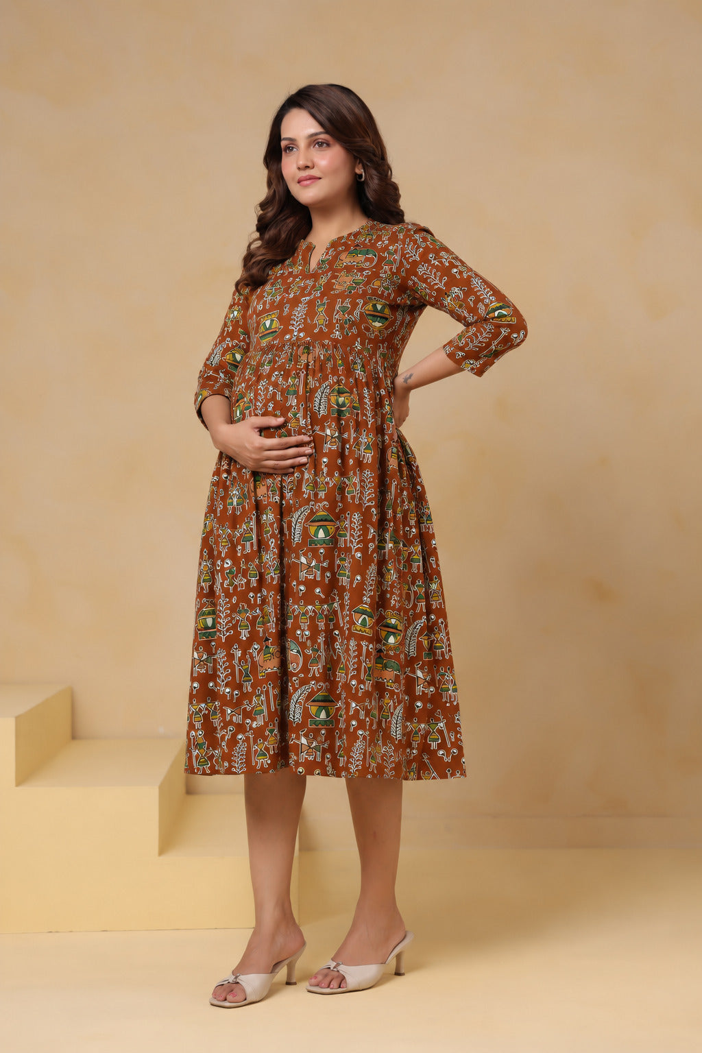 Rust Heritage Art Cotton Maternity - Nursing Dress