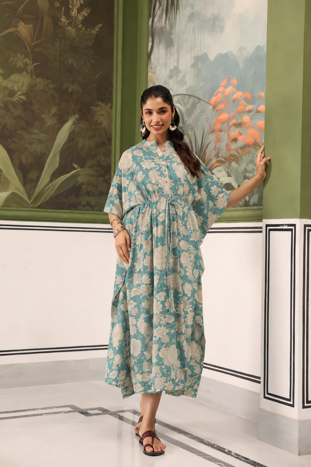 Teal Gardenia Cotton Maternity - Nursing Kaftan ( One-Size )