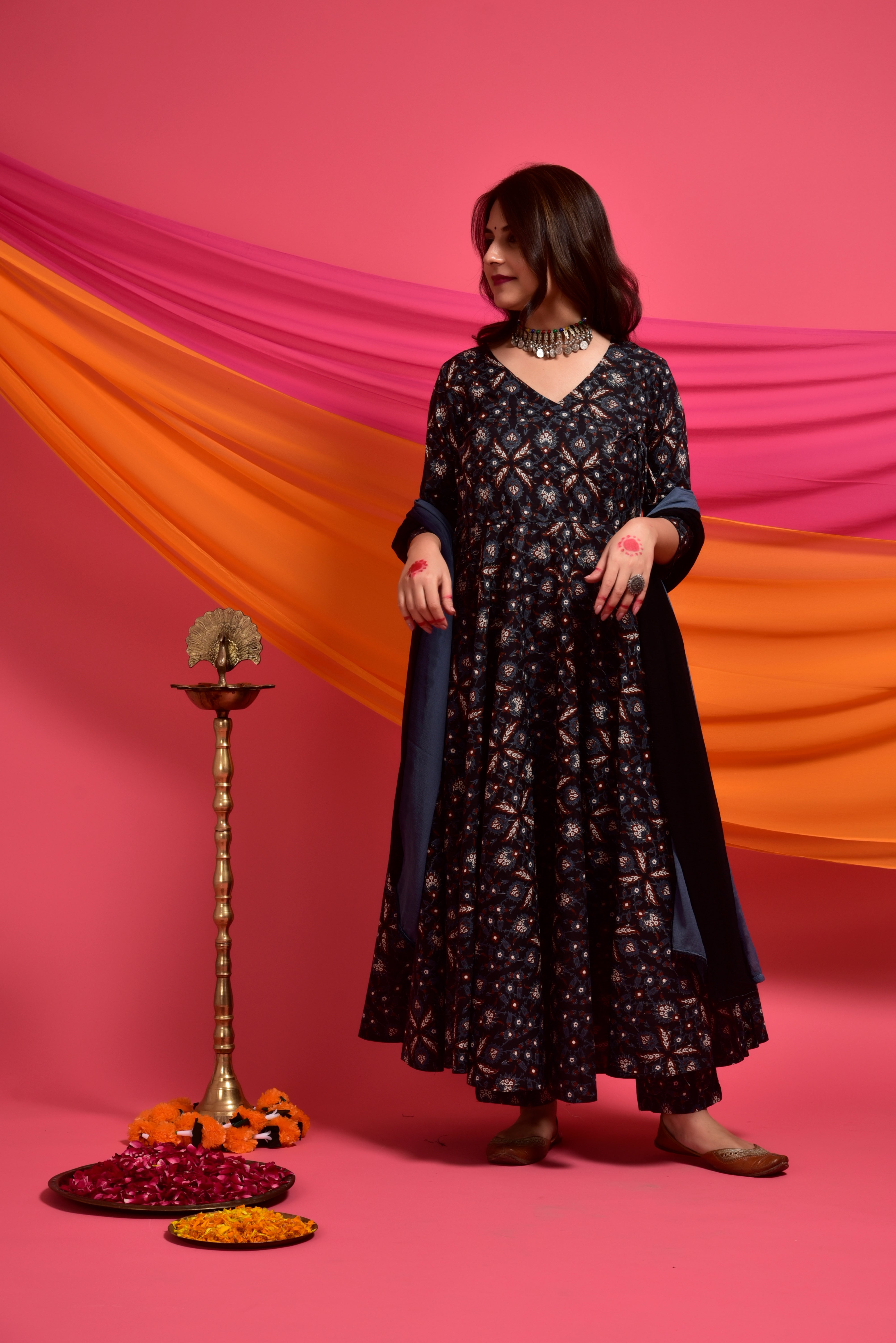 Rich Black Ajrakh Cotton Angrakha Suit
