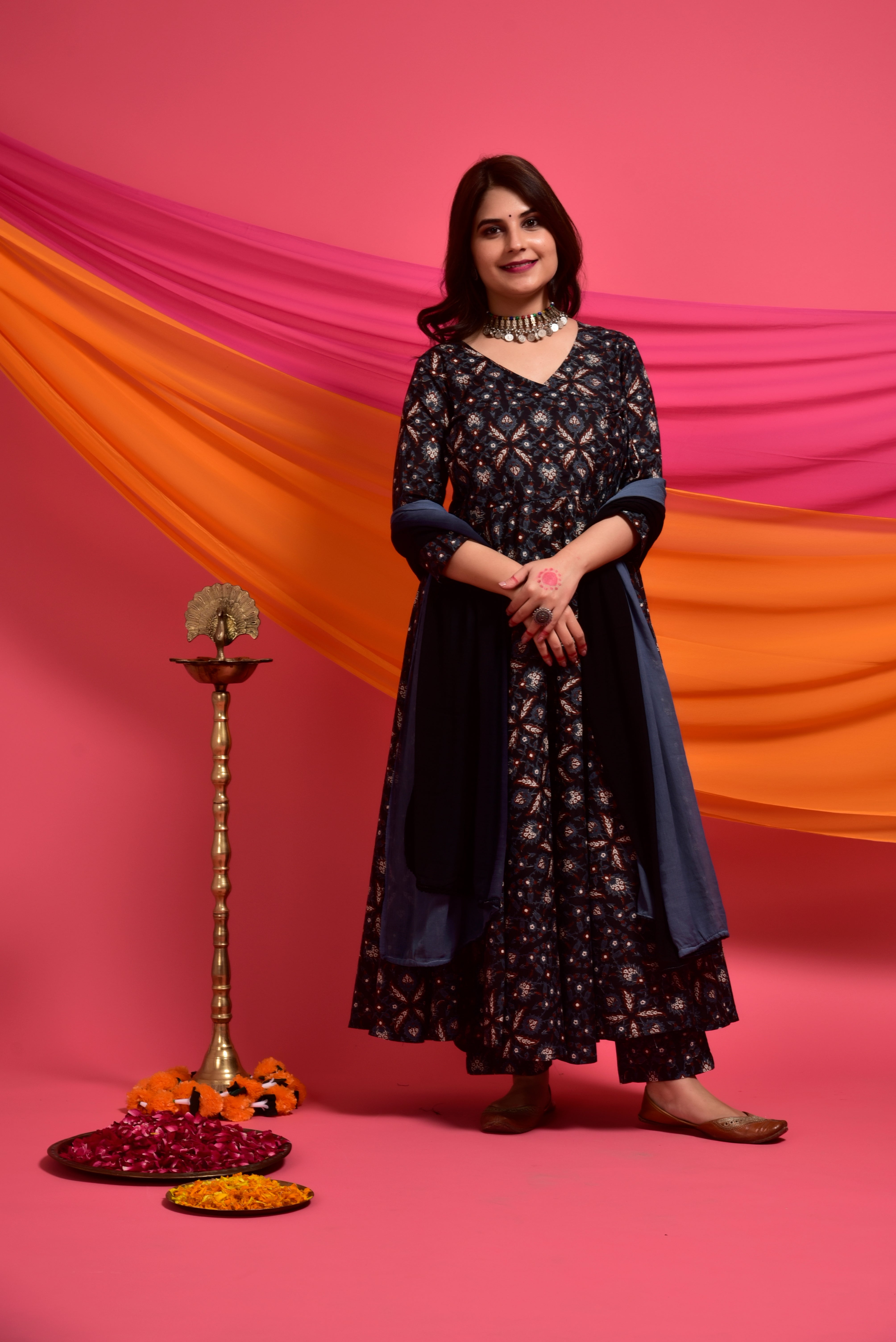 Rich Black Ajrakh Cotton Angrakha Suit