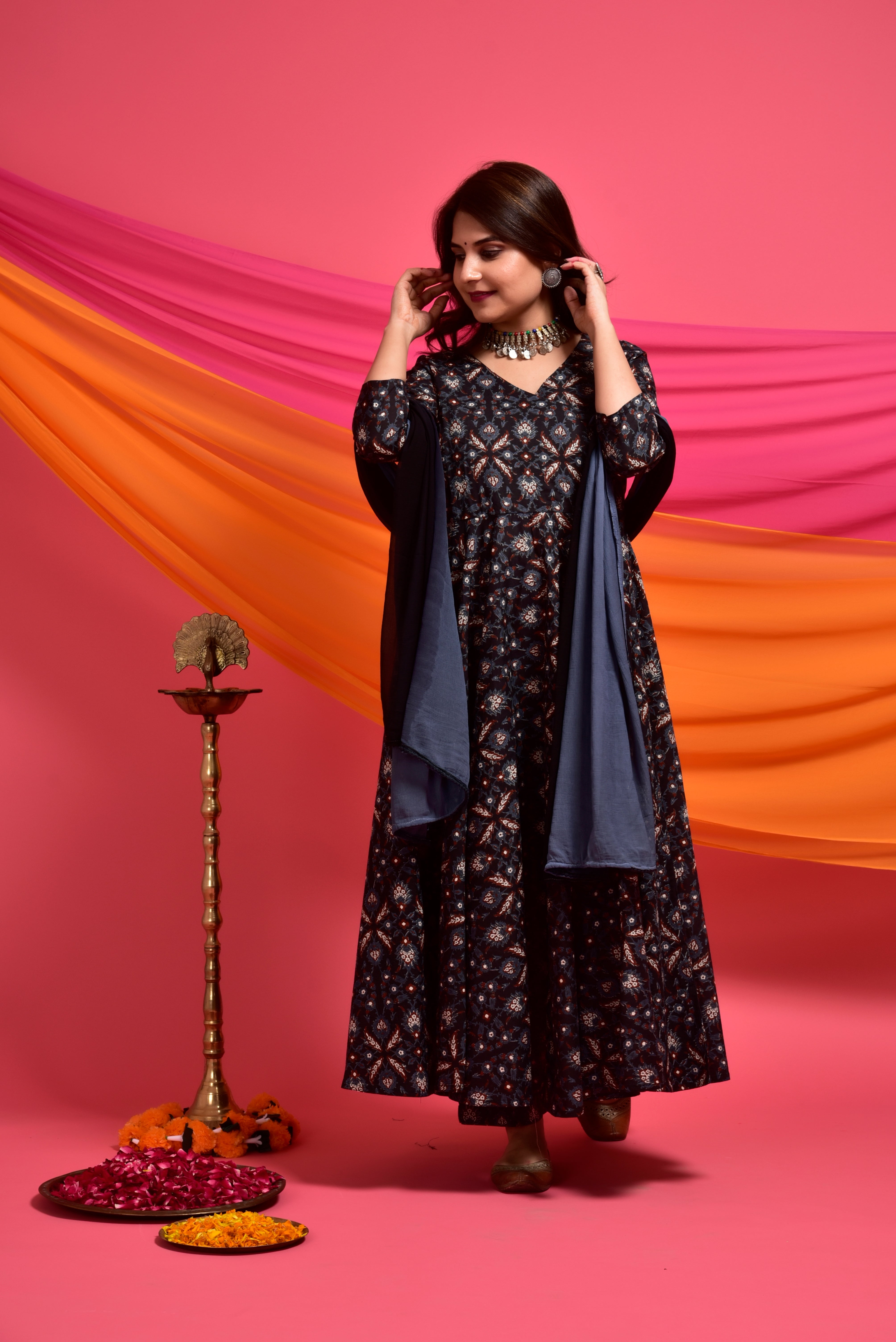 Rich Black Ajrakh Cotton Angrakha Suit