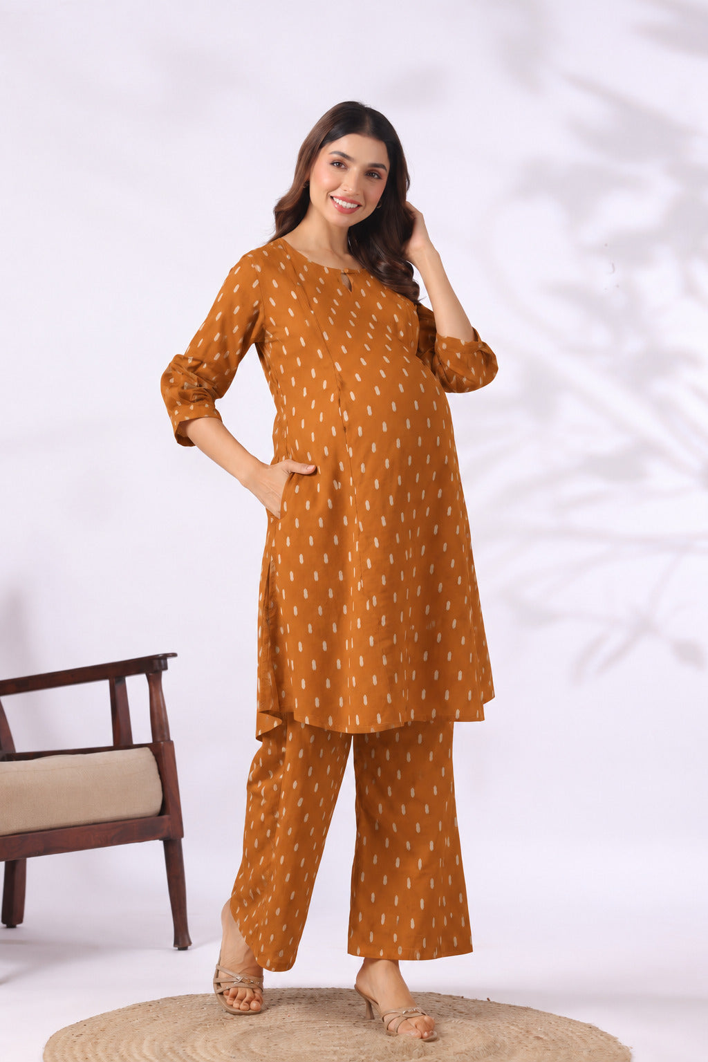 Mustard Loom Print Cotton Maternity - Nursing Co-ord Set