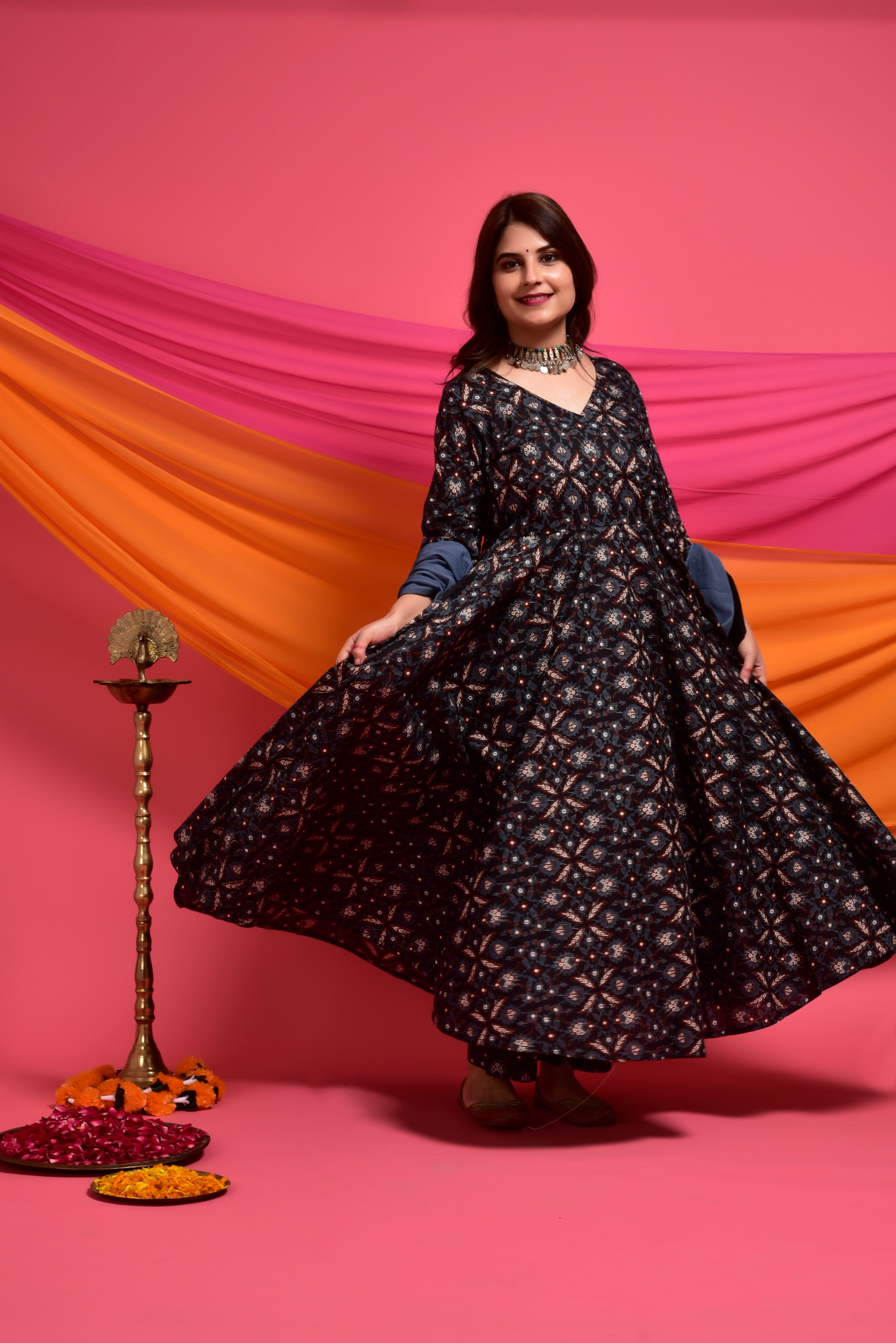 Rich Black Ajrakh Cotton Angrakha Suit