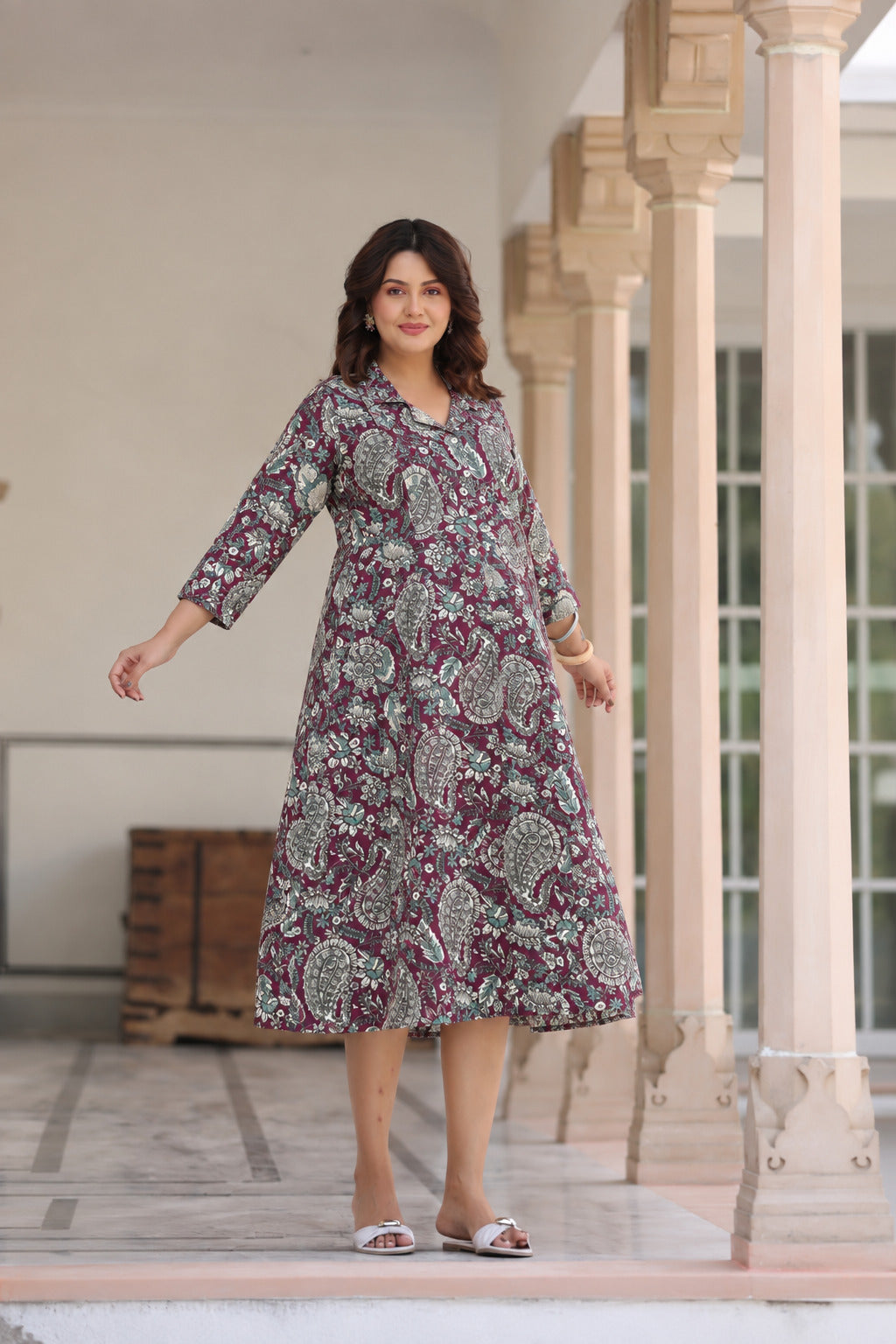 Burgundy Jaal Cotton Maternity - Nursing Dress