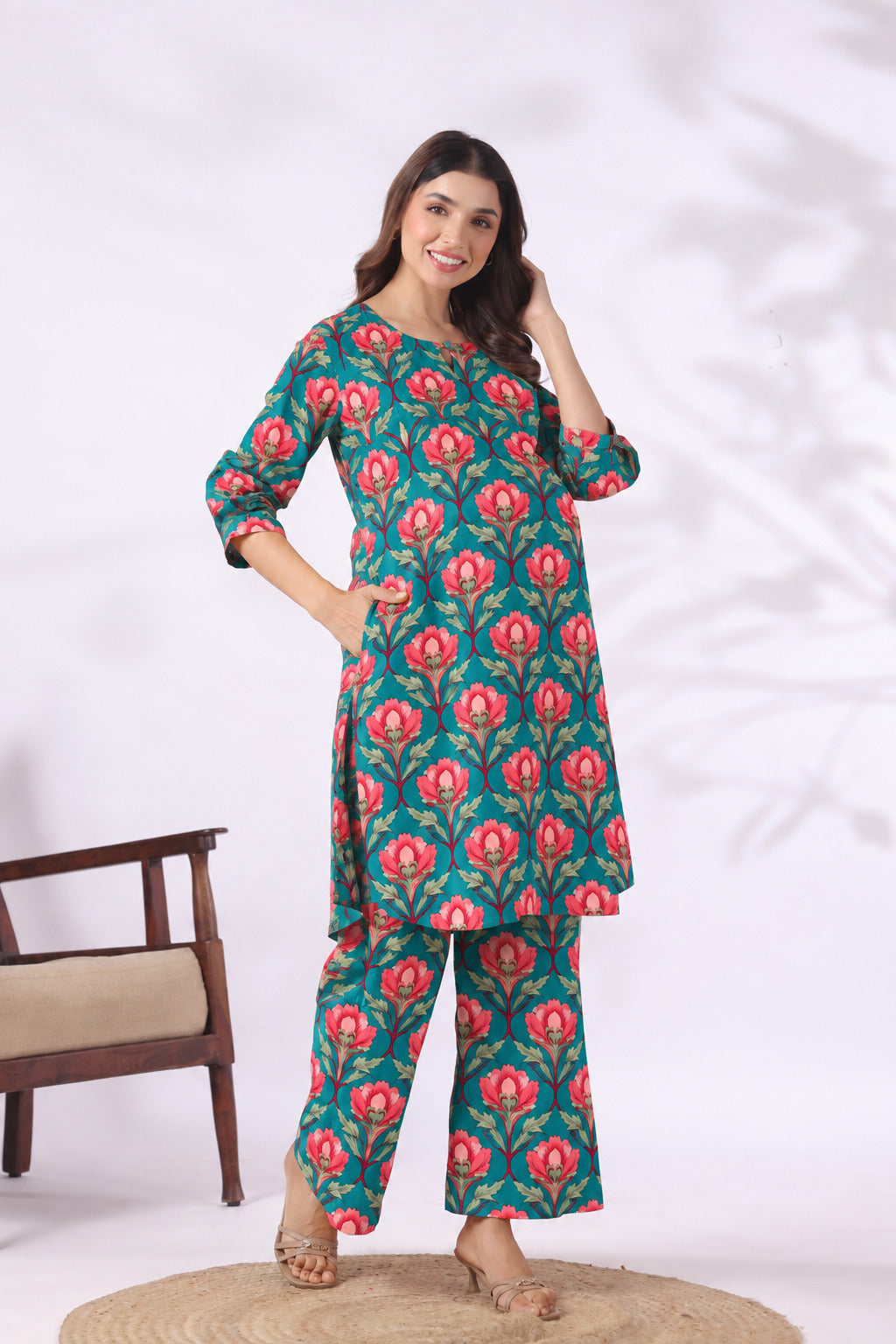 Gulbahar Teal Cotton Maternity - Nursing Co-ord Set