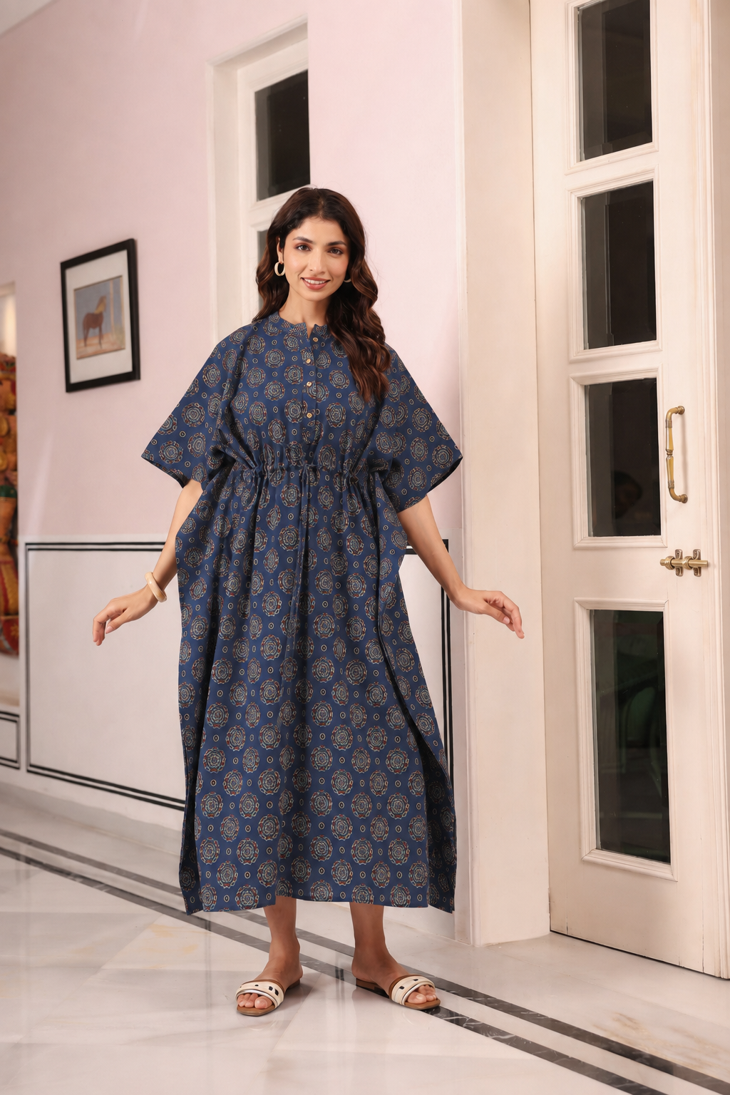 Indigo Mandala Bloom Cotton Kaftan ( One-Size )