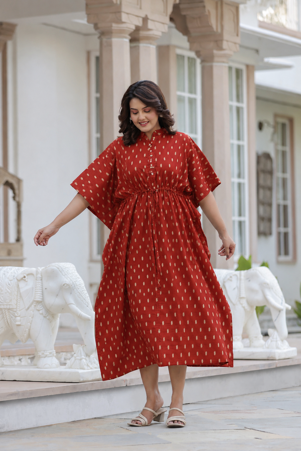 Maroon Loom Print Cotton Kaftan ( One-Size )