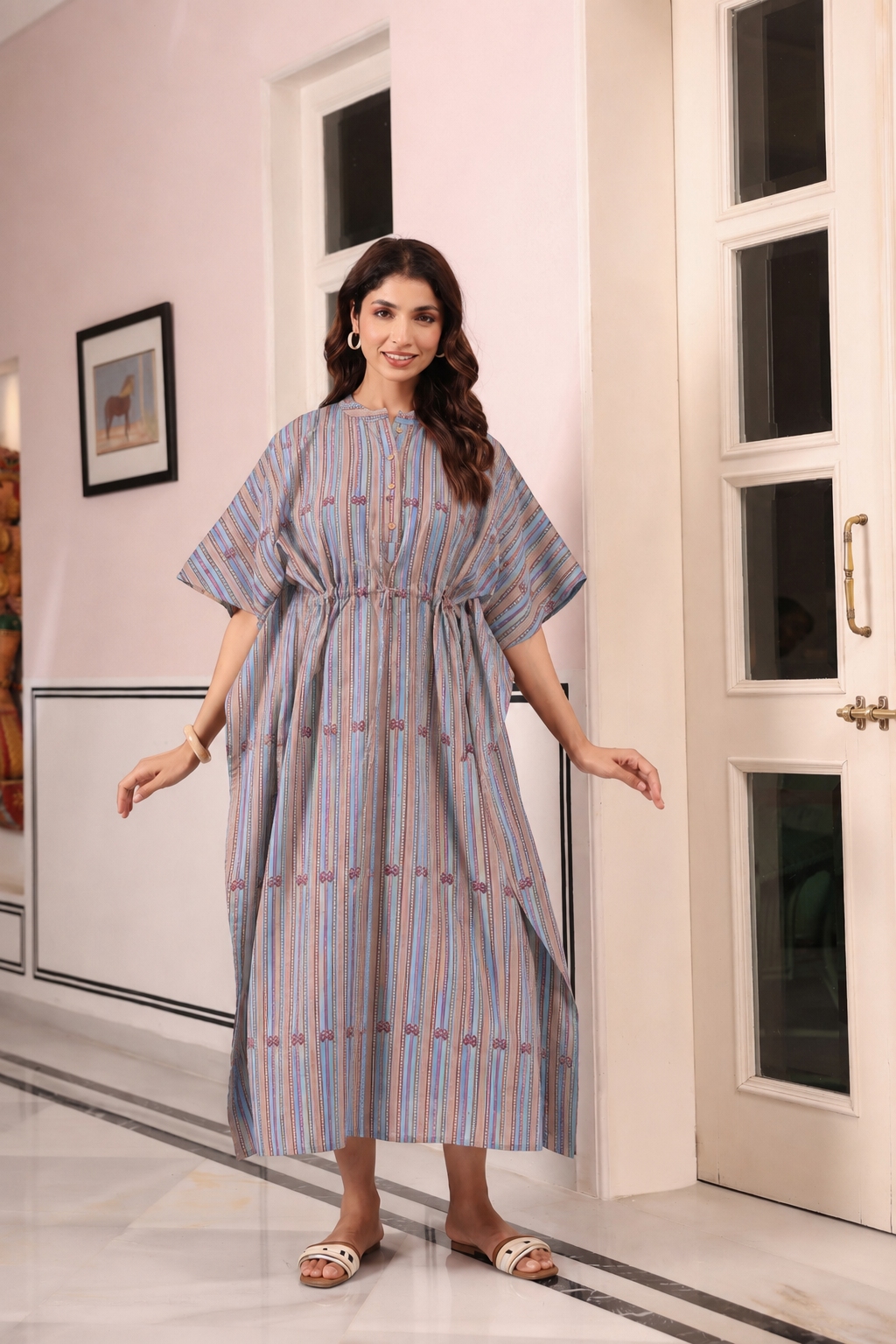 Azure Ajrakh Lines Cotton Kaftan ( One-Size )