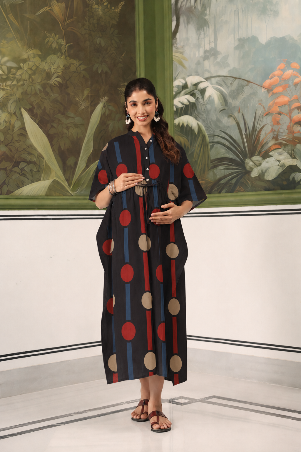 Black Geometric Ajrakh Cotton Maternity - Nursing Kaftan ( One-Size )