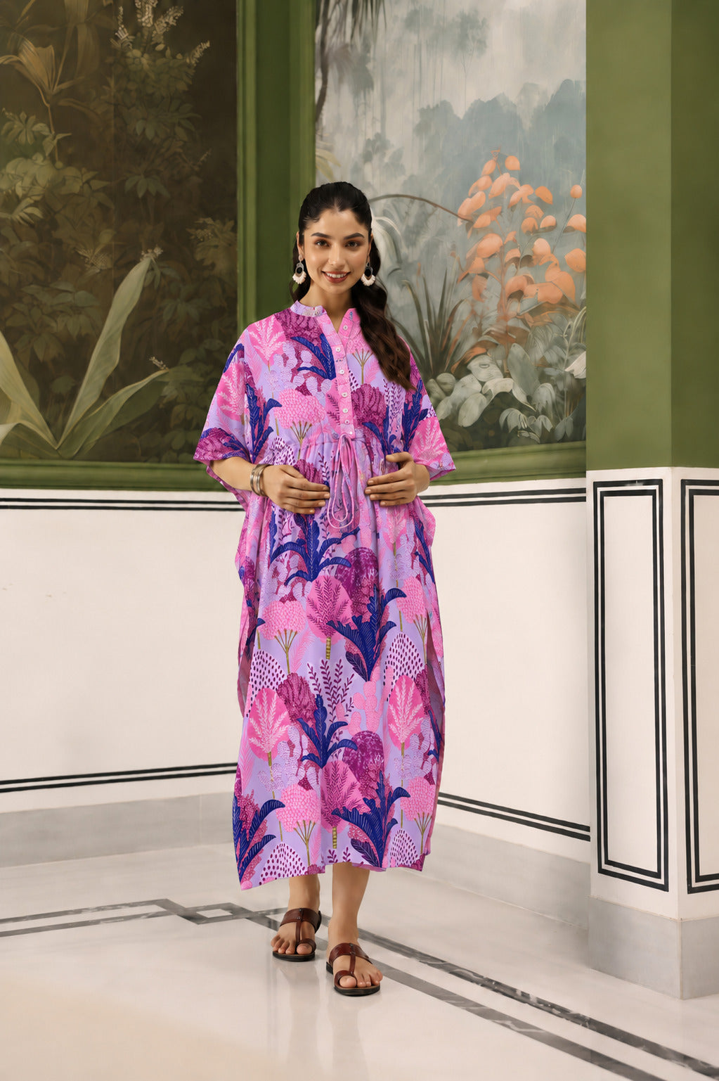 Lavender Bloom Garden Cotton Maternity - Nursing Kaftan ( One-Size )