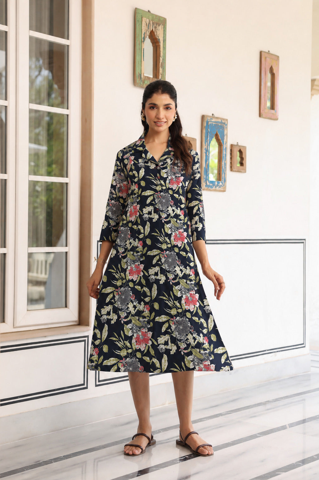 Black Garden Bloom Cotton Maternity - Nursing Dress