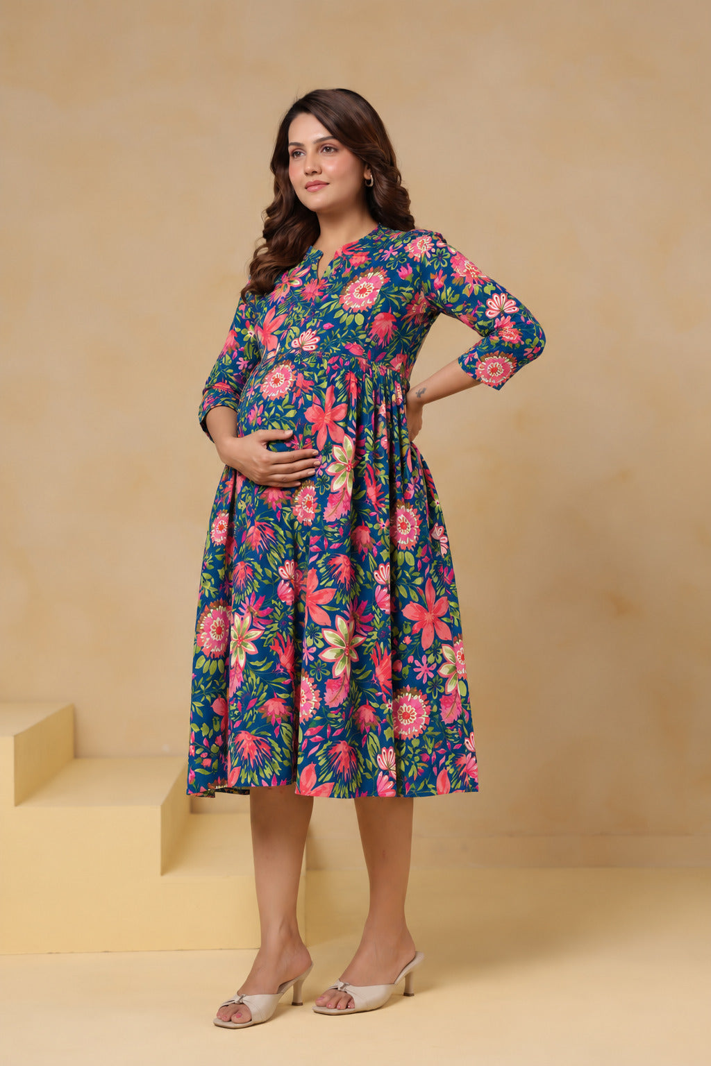 Teal Blossom Garden Cotton Maternity - Nursing Dress