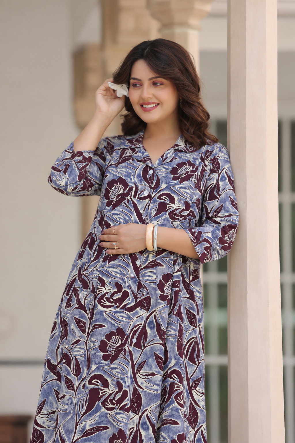 Wine Blossom Cotton Maternity - Nursing Kurti
