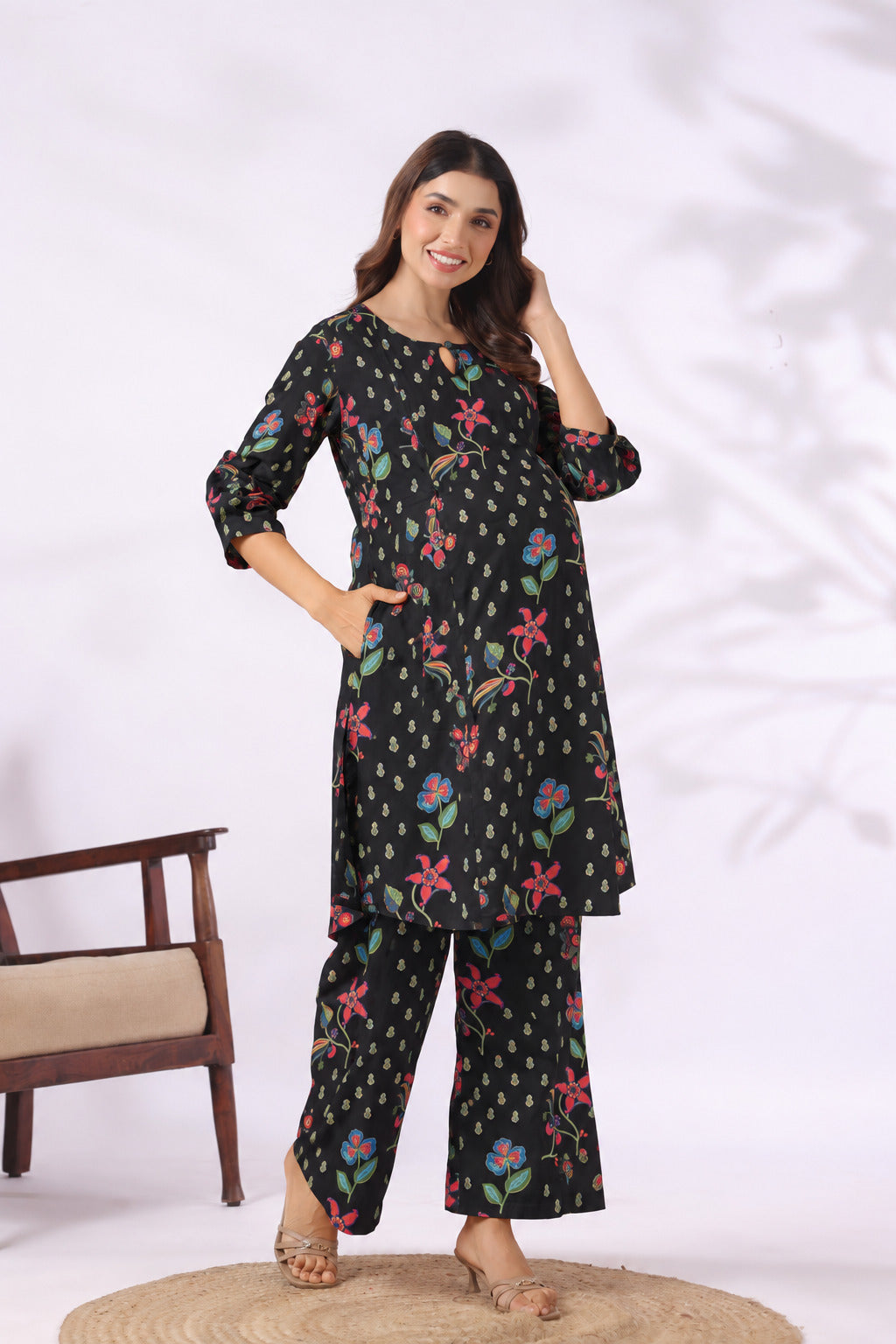 Wildflower Noir Cotton Maternity - Nursing Co-ord Set