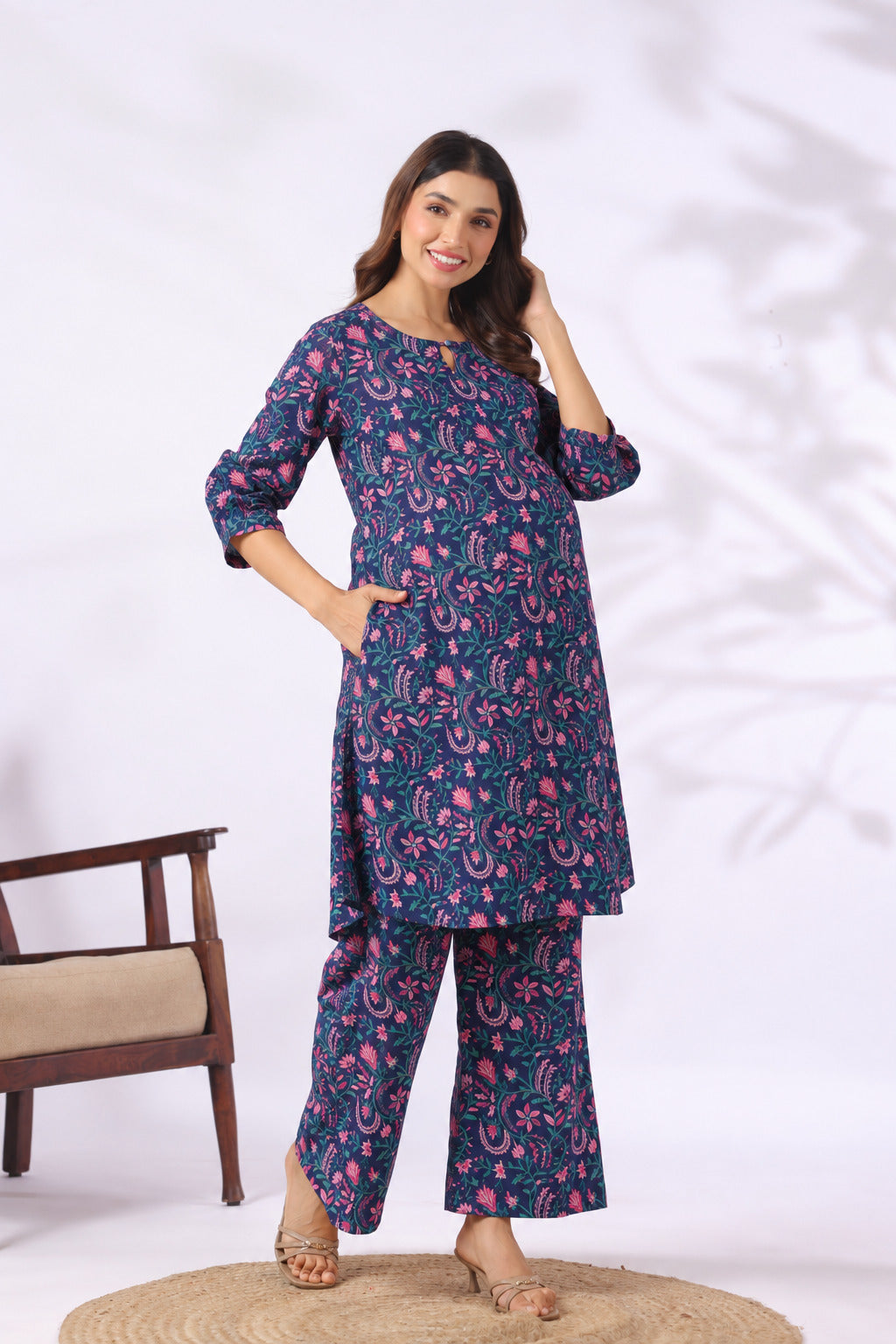 Vintage Blue Floral Cotton Maternity - Nursing Co-ord Set