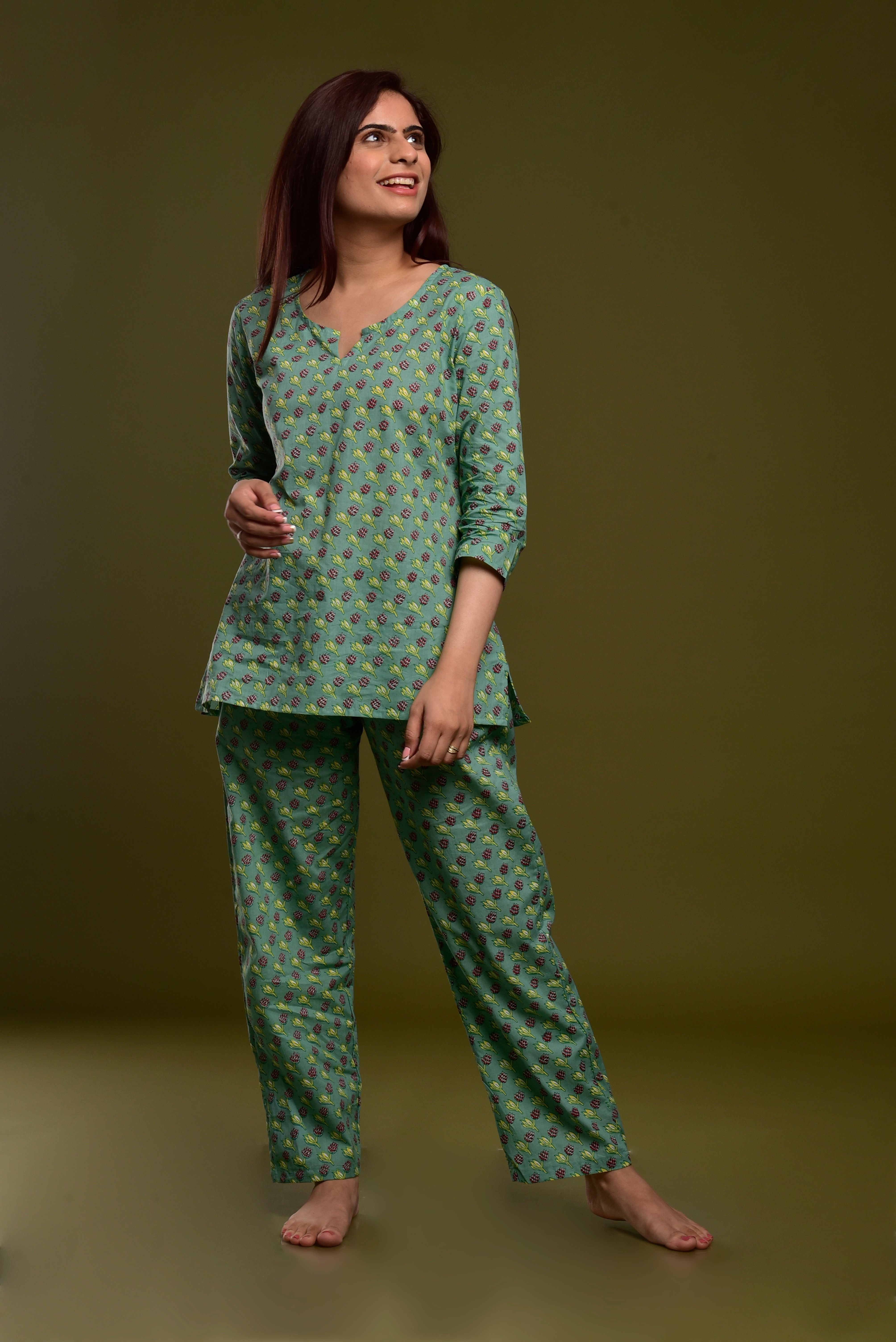 Pine Green Booti Cotton Loungewear Set