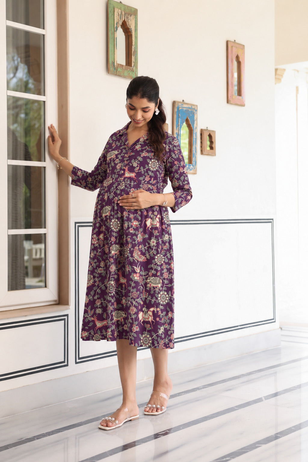 Purple Jungle Story Cotton Maternity - Nursing Dress