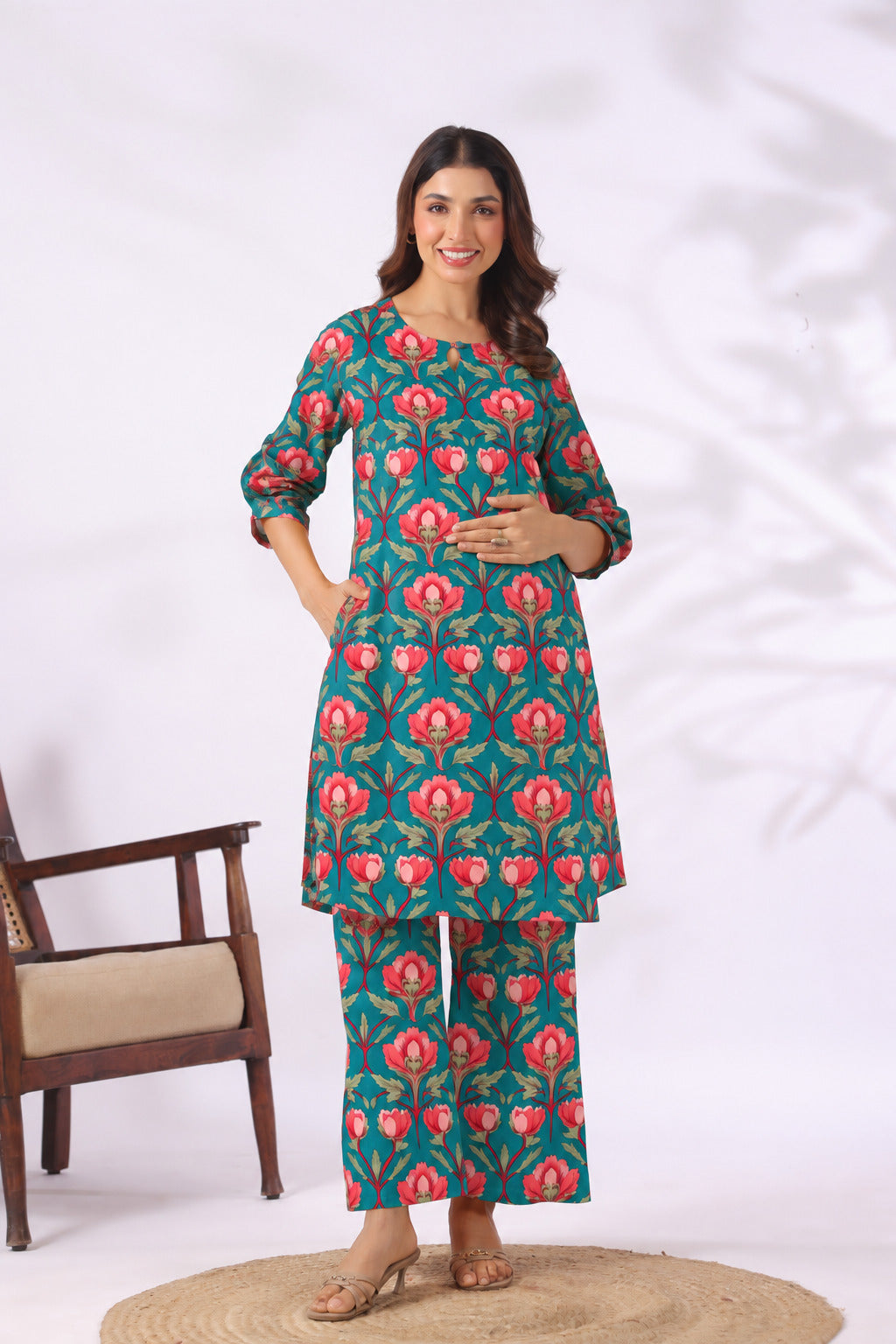 Gulbahar Teal Cotton Maternity - Nursing Co-ord Set