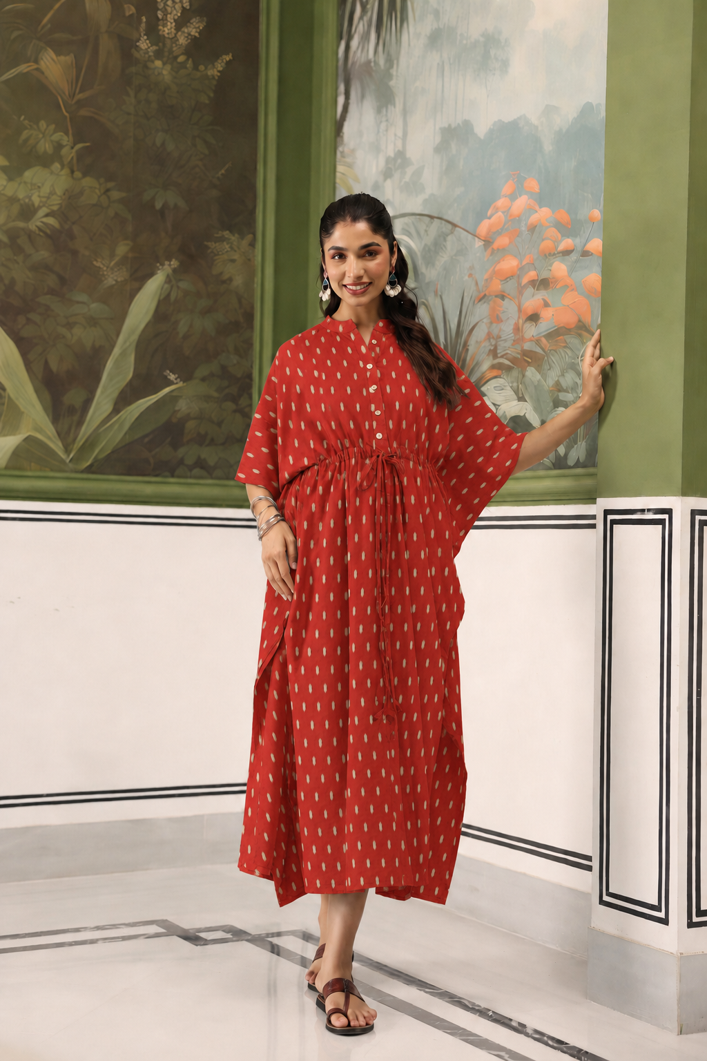 Maroon Loom Print Cotton Maternity - Nursing Kaftan ( One-Size )