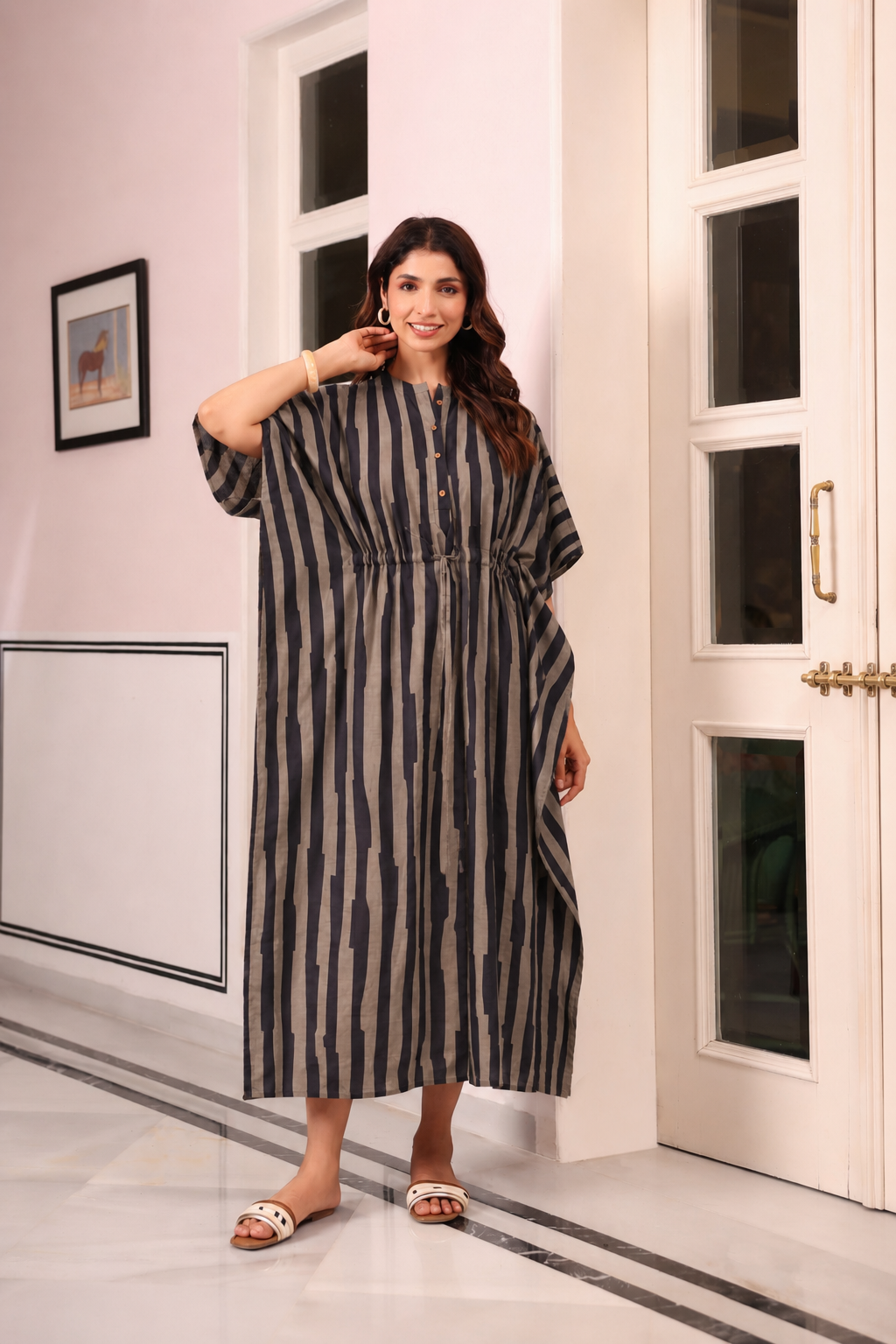 Black Grey Abstract Stripe Cotton Kaftan ( One-Size )