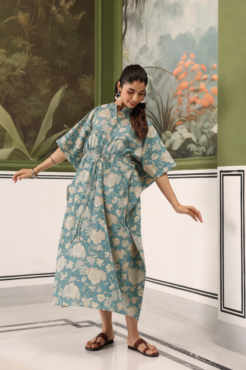 Teal Gardenia Cotton Maternity - Nursing Kaftan ( One-Size )