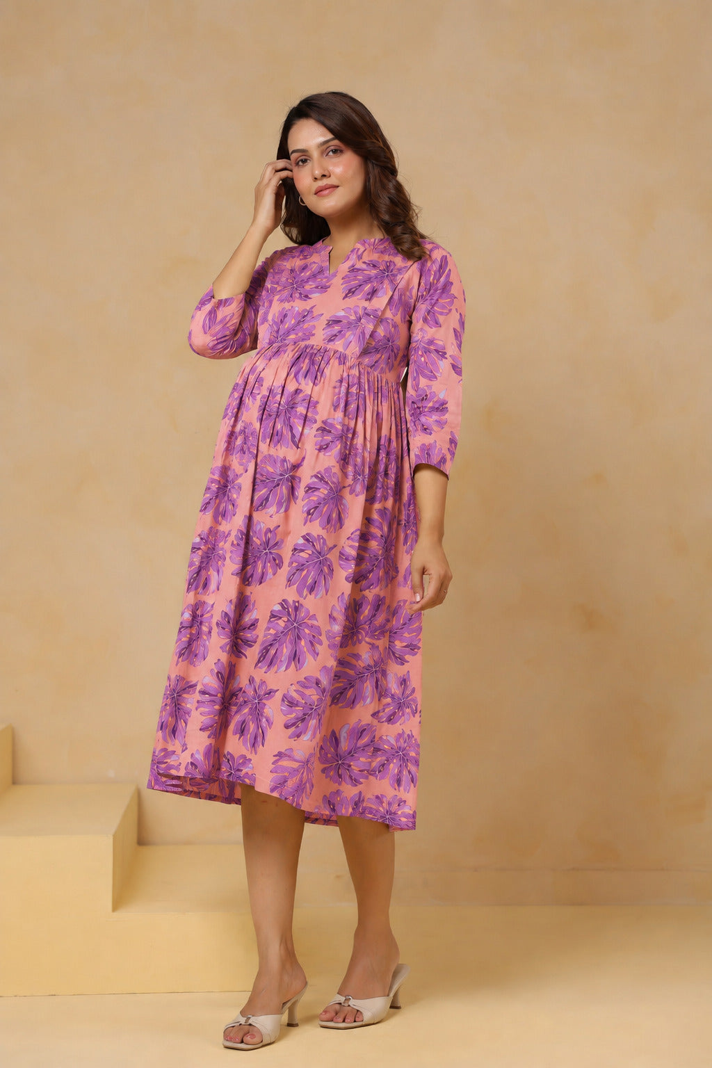 Tropical Violet Palm Cotton Maternity - Nursing Dress