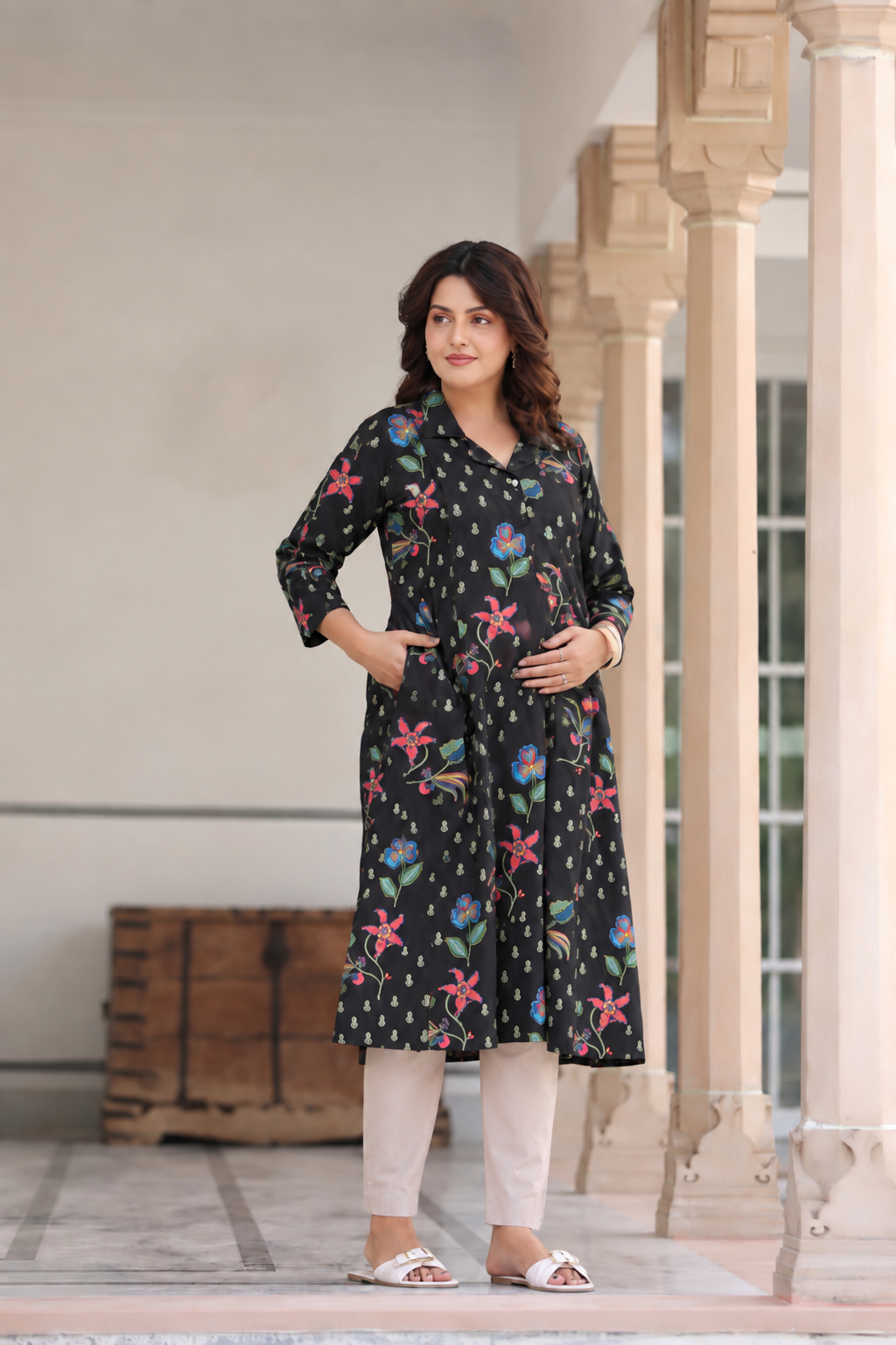 Wildflower Noir Cotton Maternity - Nursing Kurti