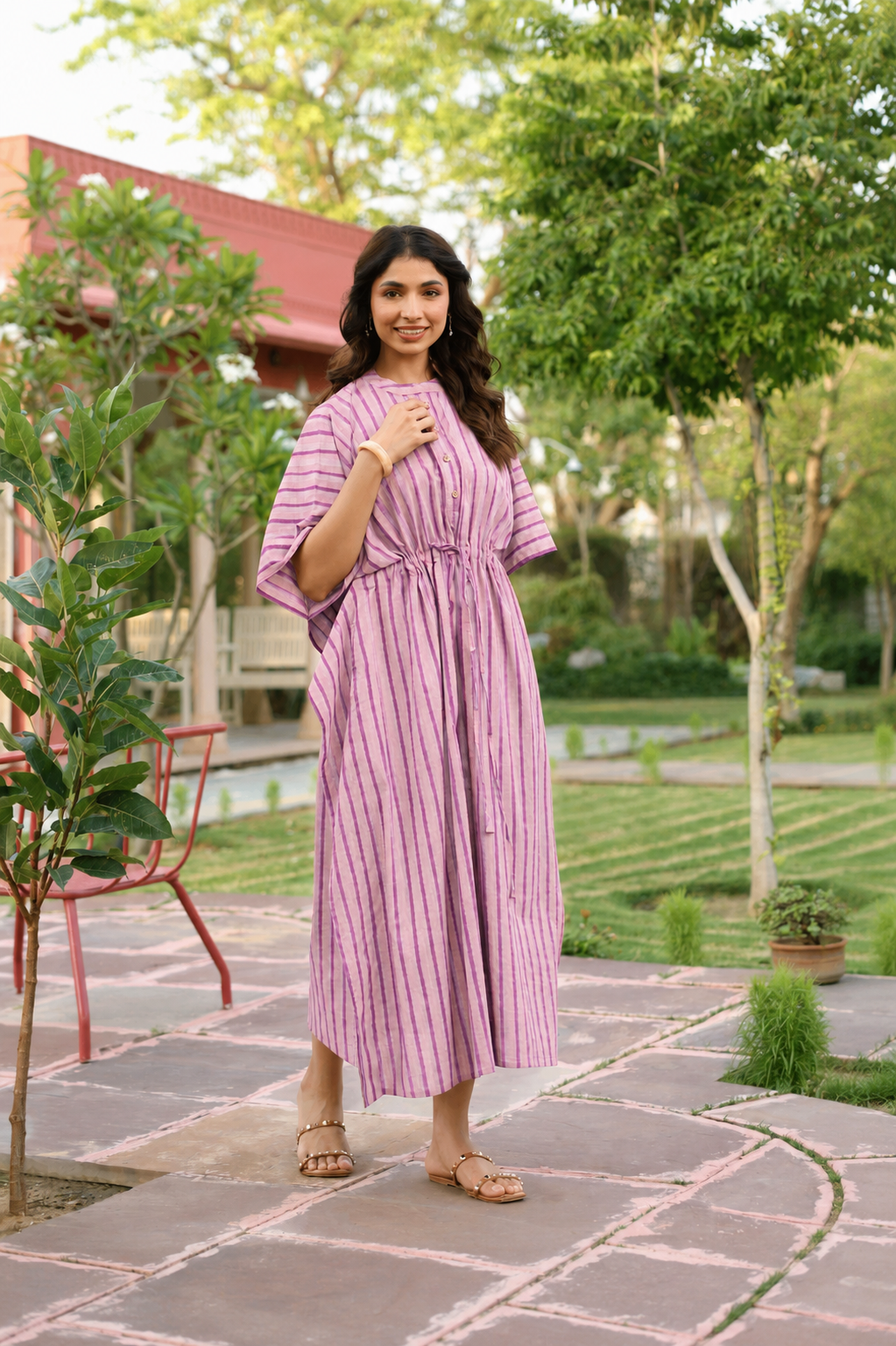 Lilac Dream Striped Cotton Kaftan ( One-Size )