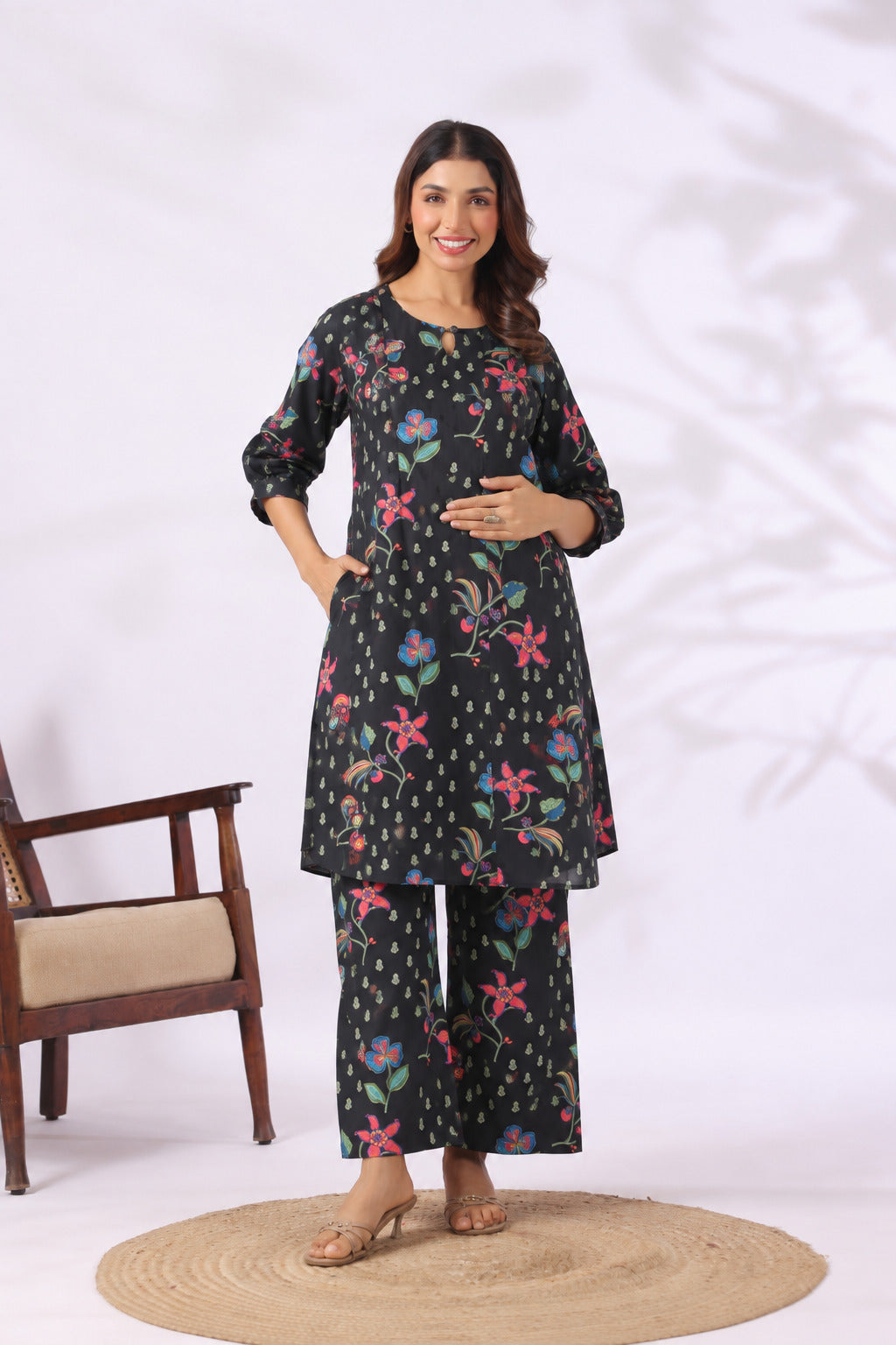 Wildflower Noir Cotton Maternity - Nursing Co-ord Set